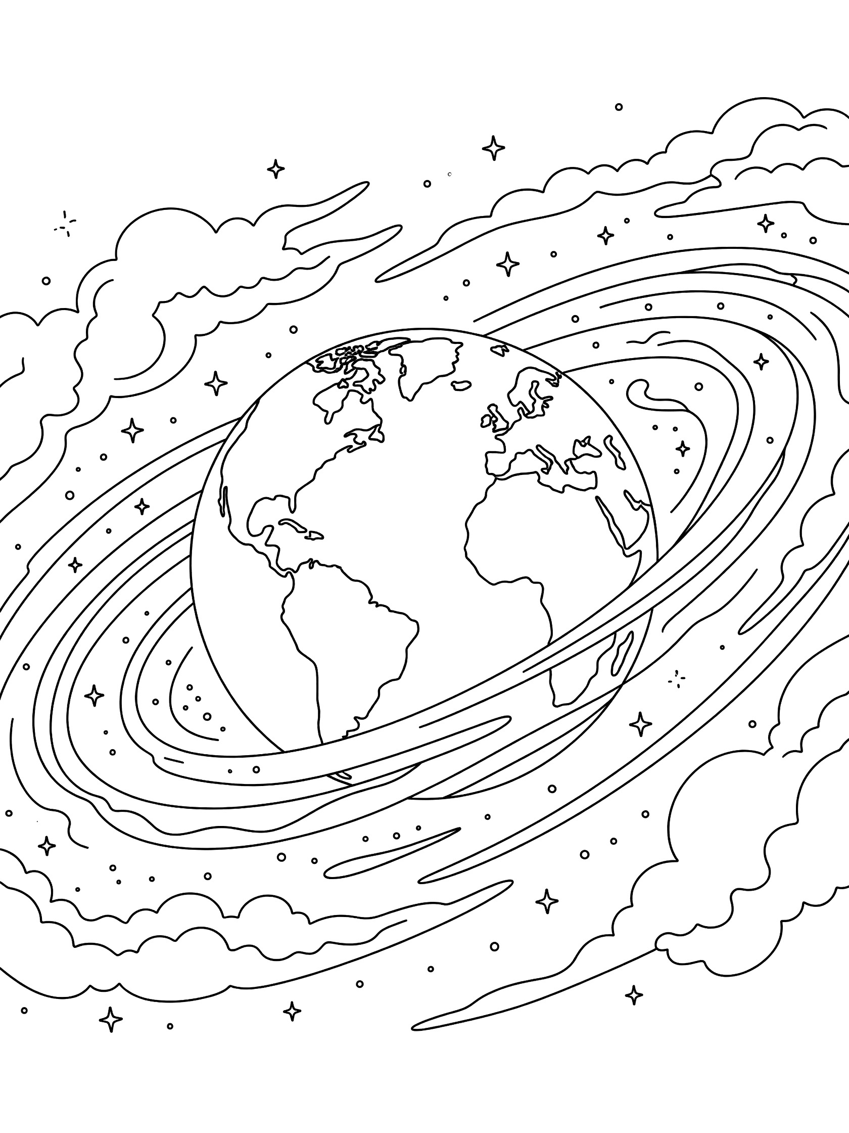 Black and white line art coloring page showing Earth dynamically emerging from swirling cosmic dust clouds in space with visible continents, oceans, stars, and pure white background