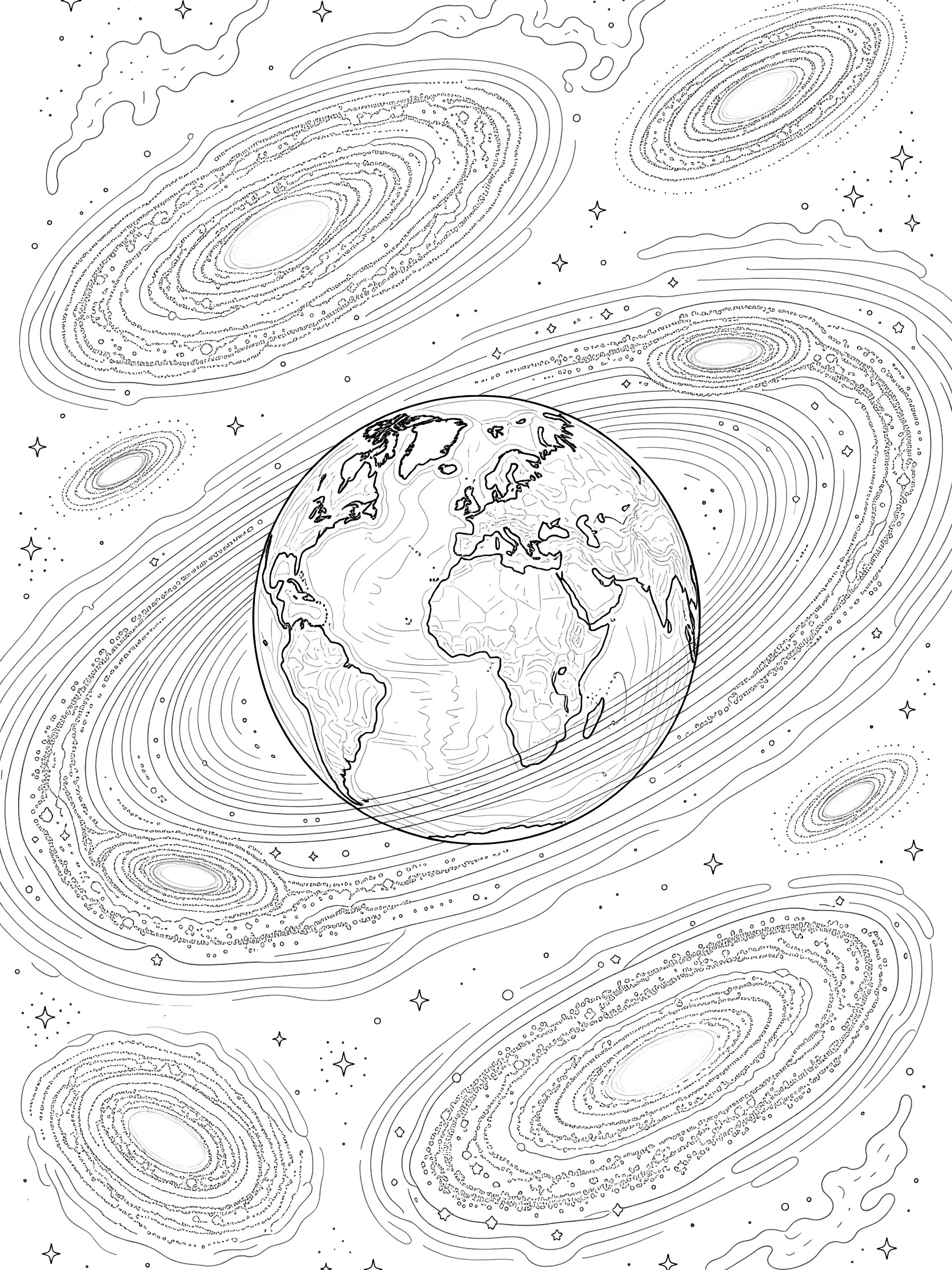 Black and white line art coloring page showing Earth in the center with curving galaxy spirals, scattered stars, and nebula-like shapes around it.