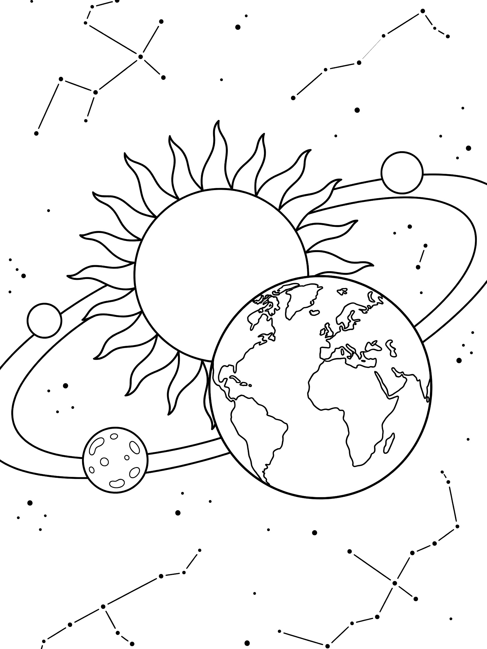 Black and white line art of Earth with landmasses and oceans orbiting the sun near Mars and Venus against starry galaxy background