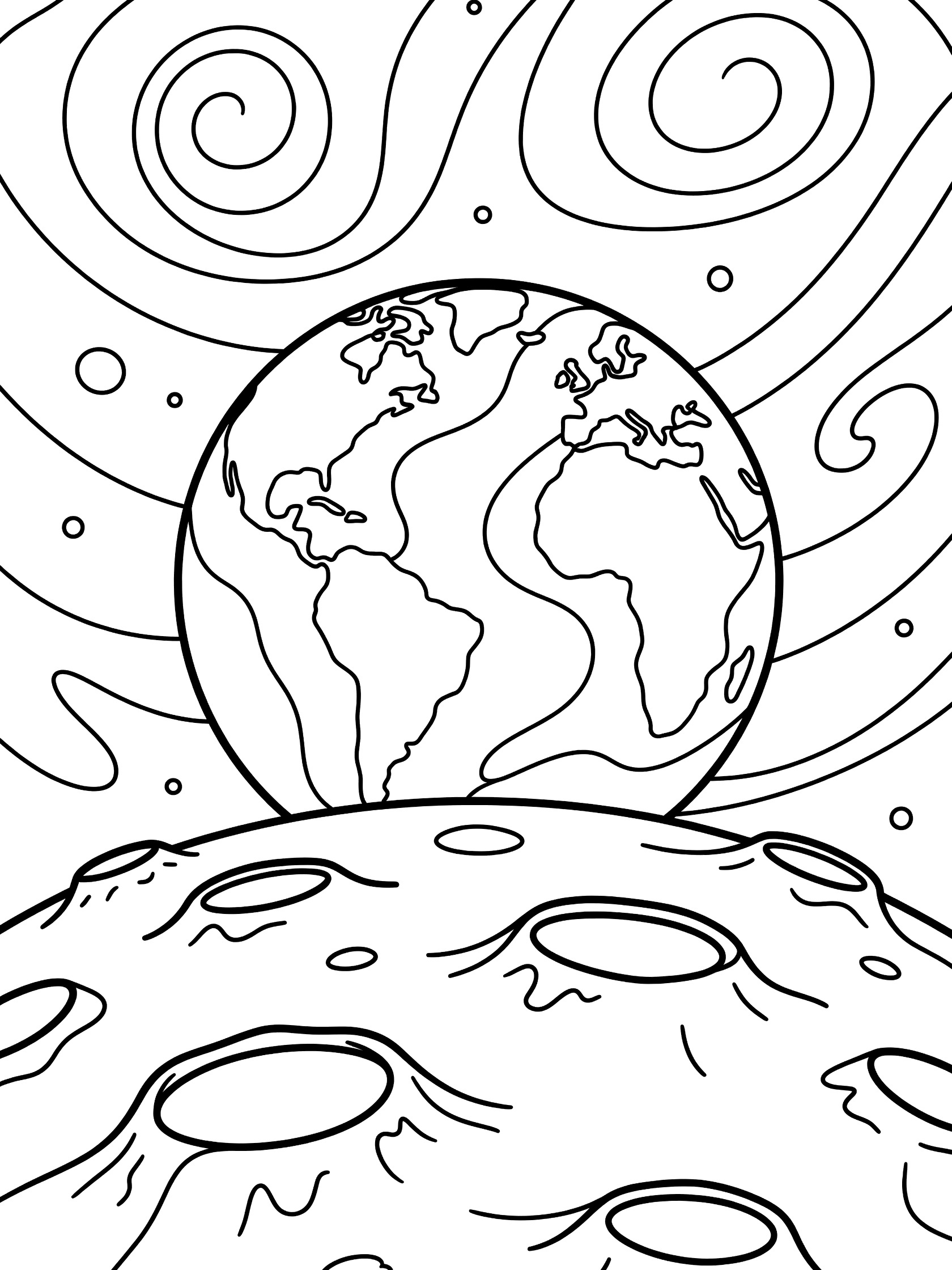 Line art coloring page showing round Earth rising over the Moon's cratered horizon with starry galaxy background