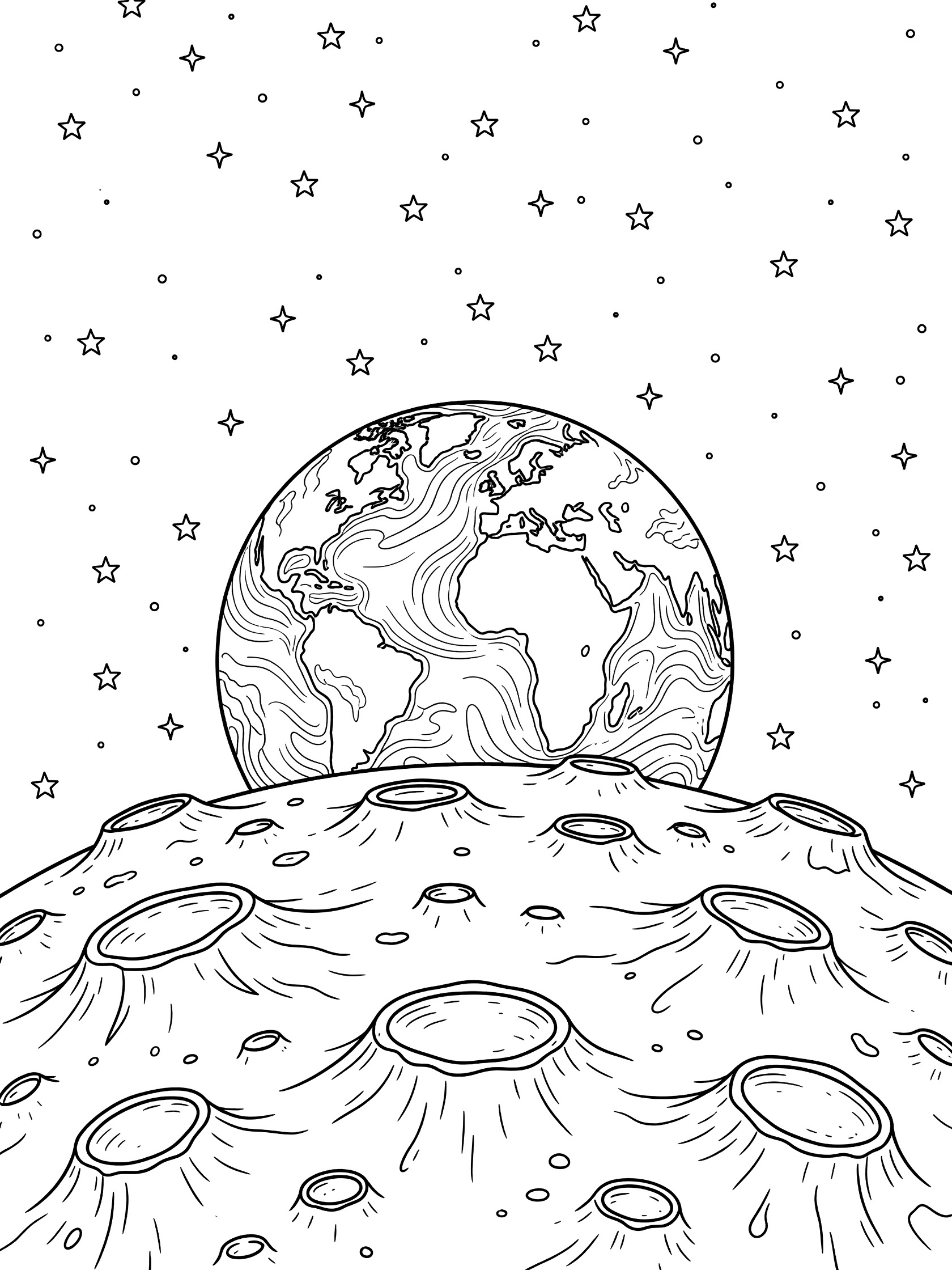 Printable coloring page showing Earth with continents and oceans rising over the cratered Moon surface, surrounded by stars in space