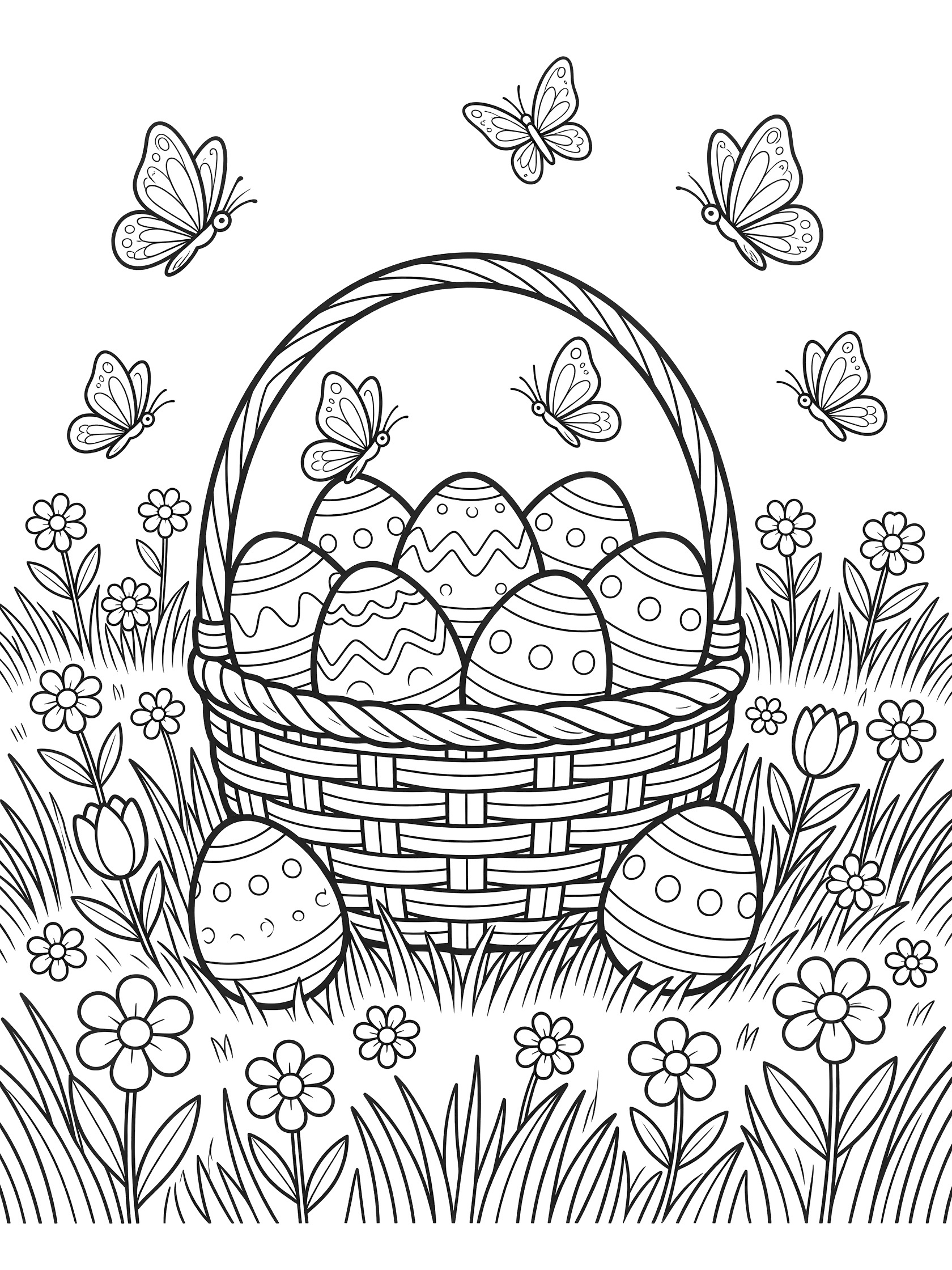 Black and white line art coloring page showing an Easter basket overflowing with patterned eggs surrounded by flying butterflies, grass, and flowers in a meadow