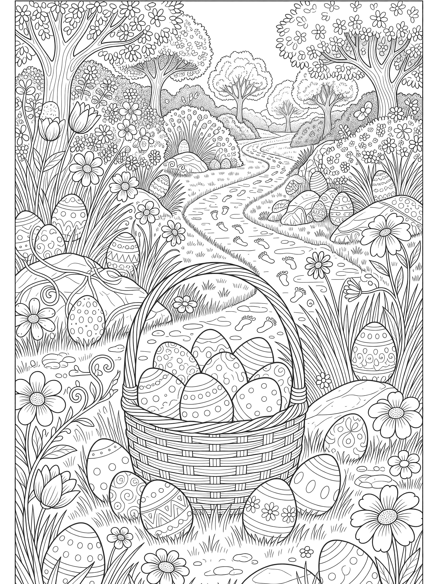 Detailed line art coloring page of an Easter basket overflowing with patterned eggs in a whimsical garden egg hunt scene with flowers, grasses, rocks, path, and trees.