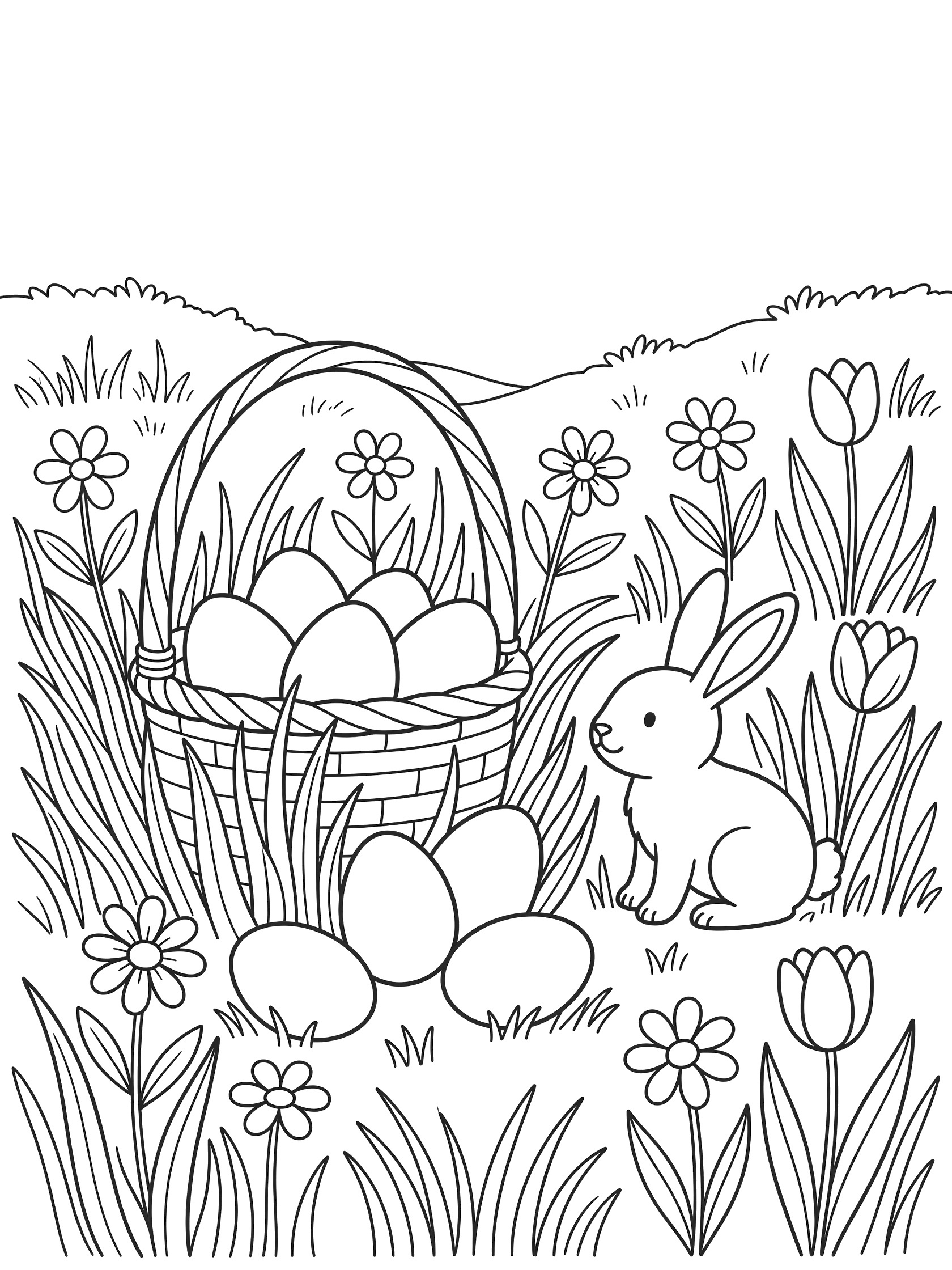 Line art coloring page showing an Easter basket partially hidden in wavy grass blades, with spilling Easter eggs, a curious bunny, daisies, tulips, and distant hills.