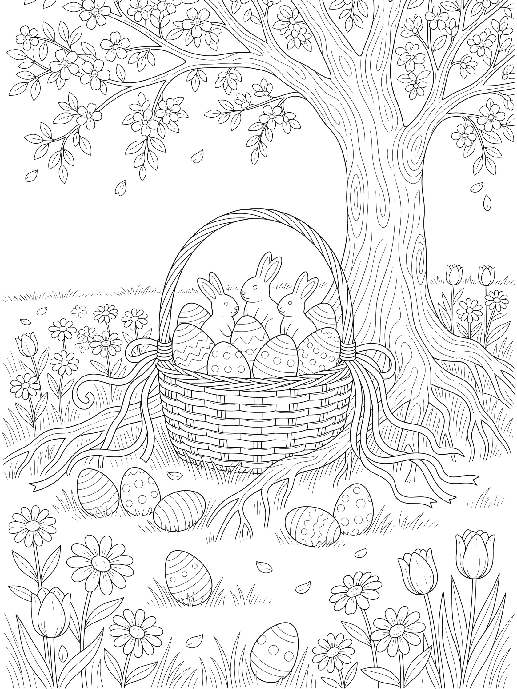 Black and white line art of an Easter basket with patterned eggs and chocolate bunnies under a large tree with roots, surrounded by daisies, tulips, and spilling eggs on grass.