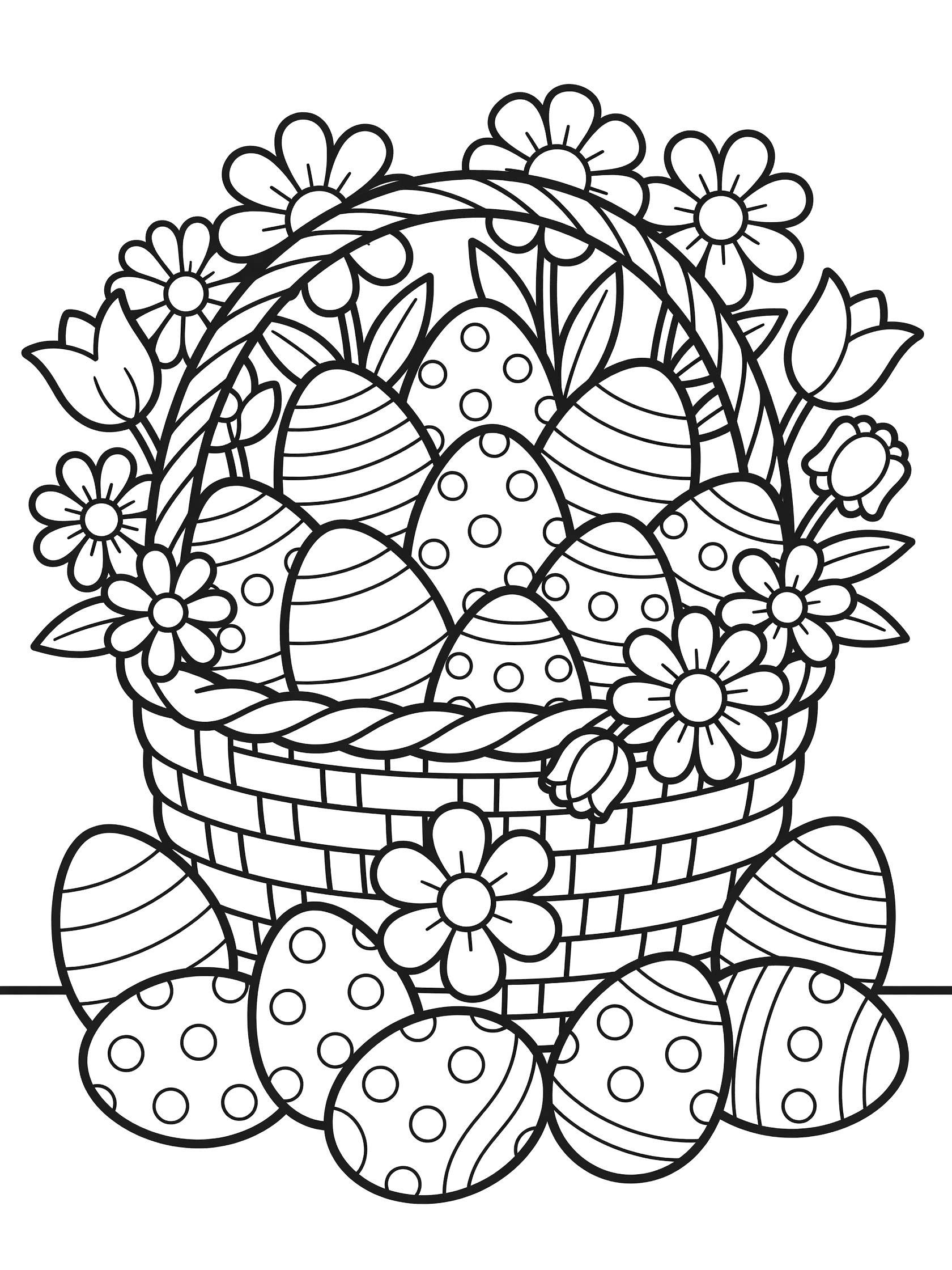 Black and white coloring page of a woven Easter basket full of striped and dotted eggs with flowers around the edges. Decorative Easter Eggs themed black and white printable line art