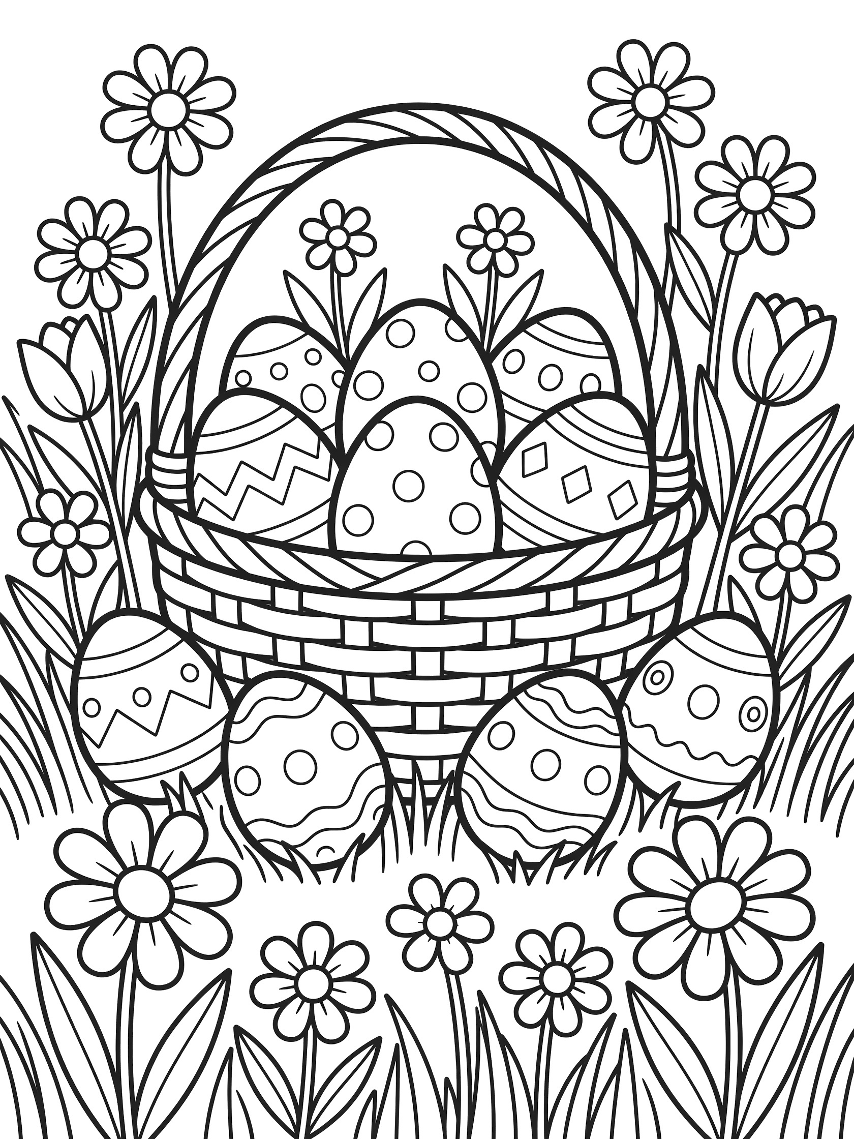 Black and white line art coloring page showing a woven basket filled with decorated Easter eggs surrounded by flowers and grass.
