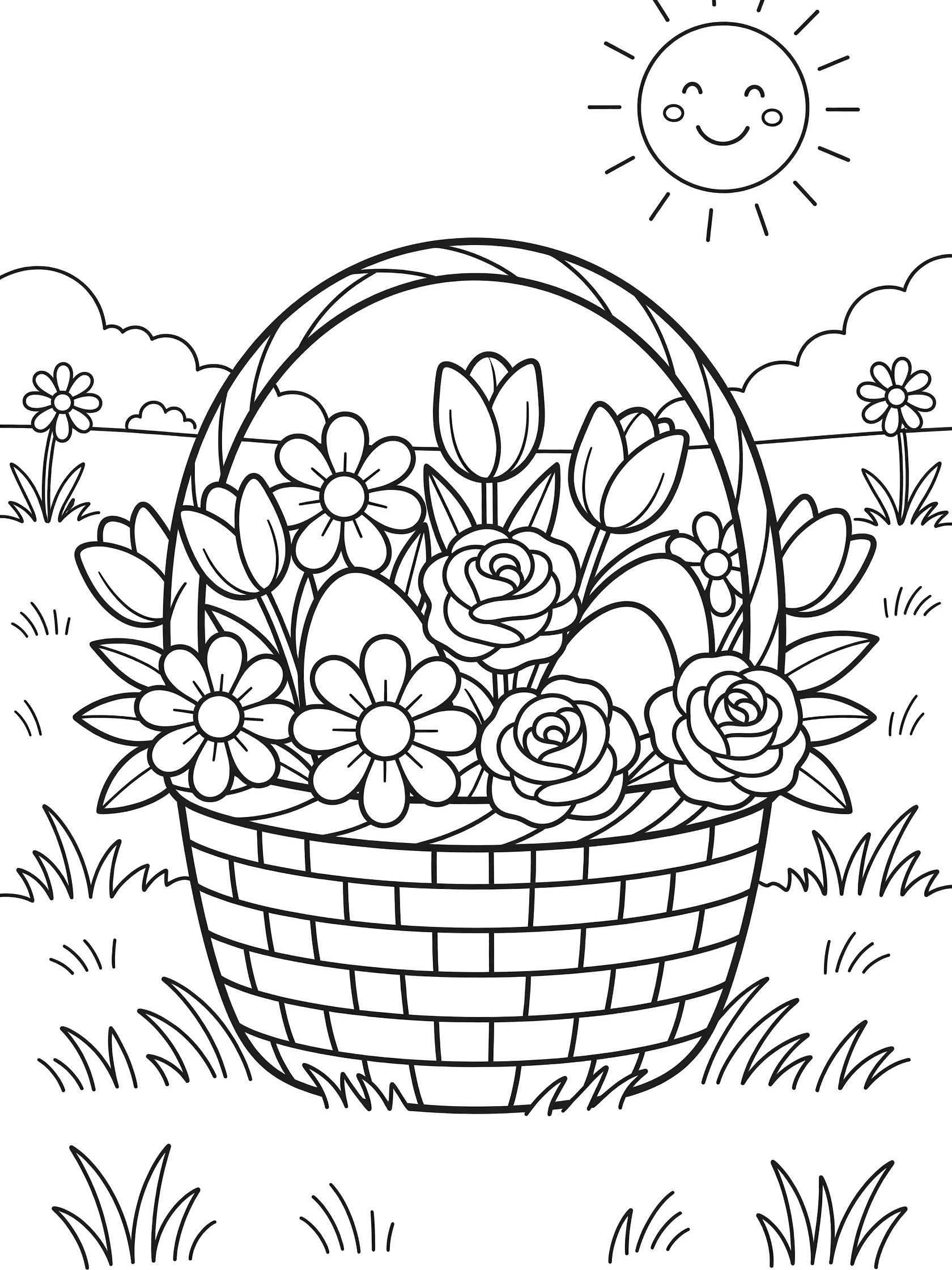 Black and white line art of an Easter basket with flowers, eggs, grass, sun, and meadow for easy coloring