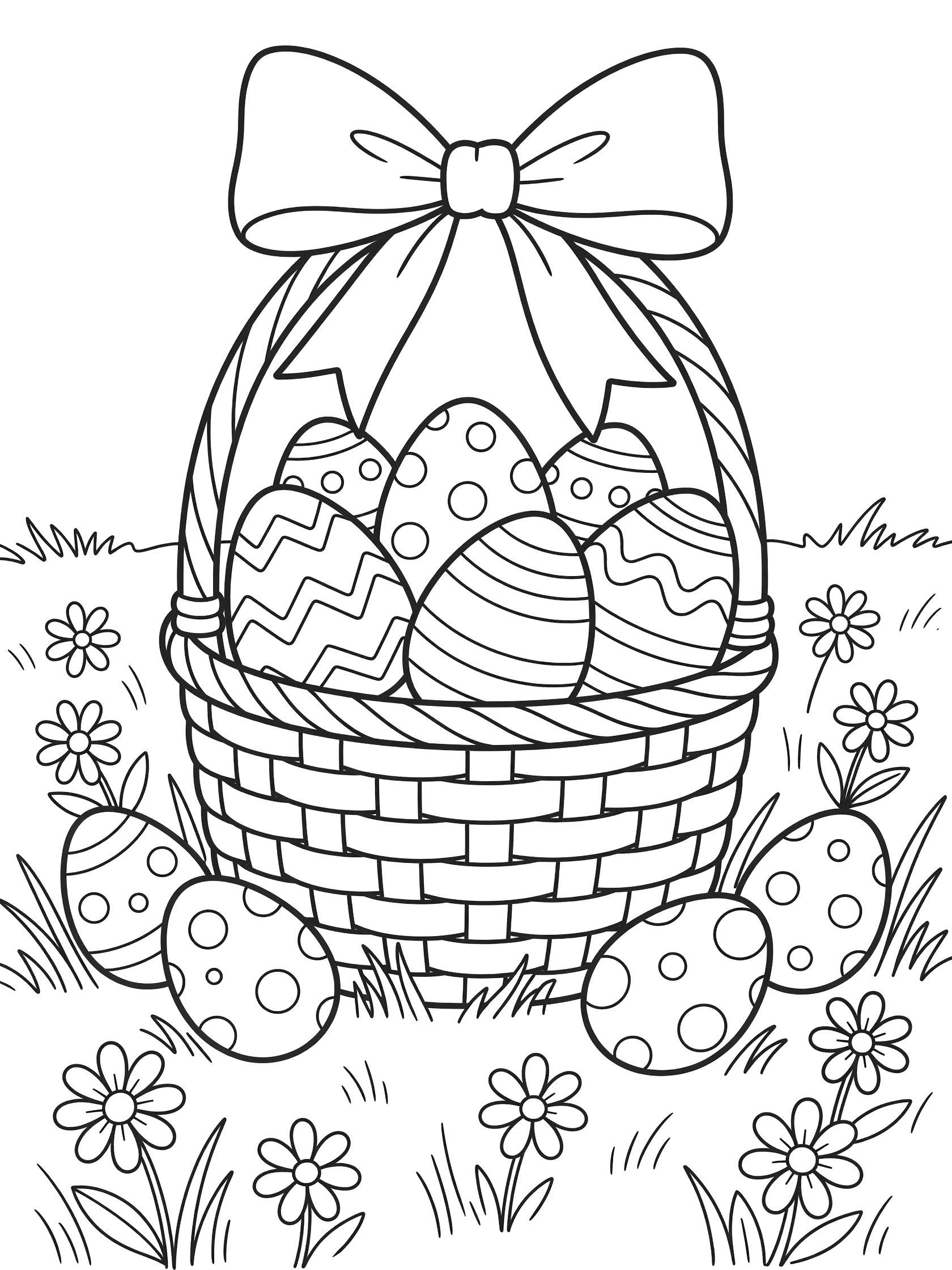 Black and white coloring page of an Easter basket with giant floppy bow, filled with large patterned eggs, on spring grass with daisies and extra eggs.