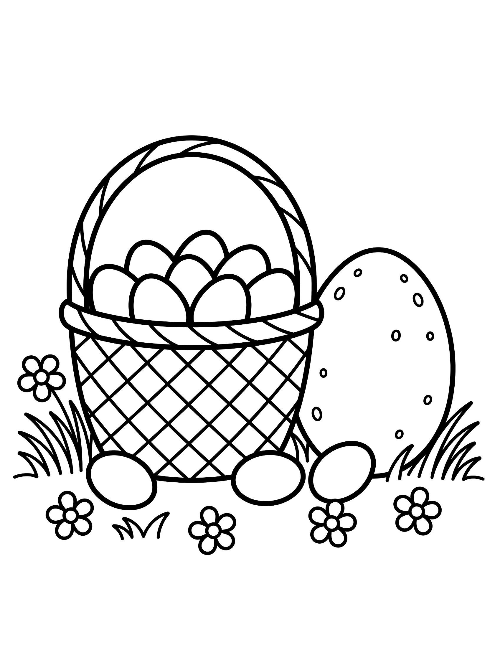 Black and white coloring page of a woven Easter basket full of eggs, a large egg beside it, small eggs, flowers, and grass.