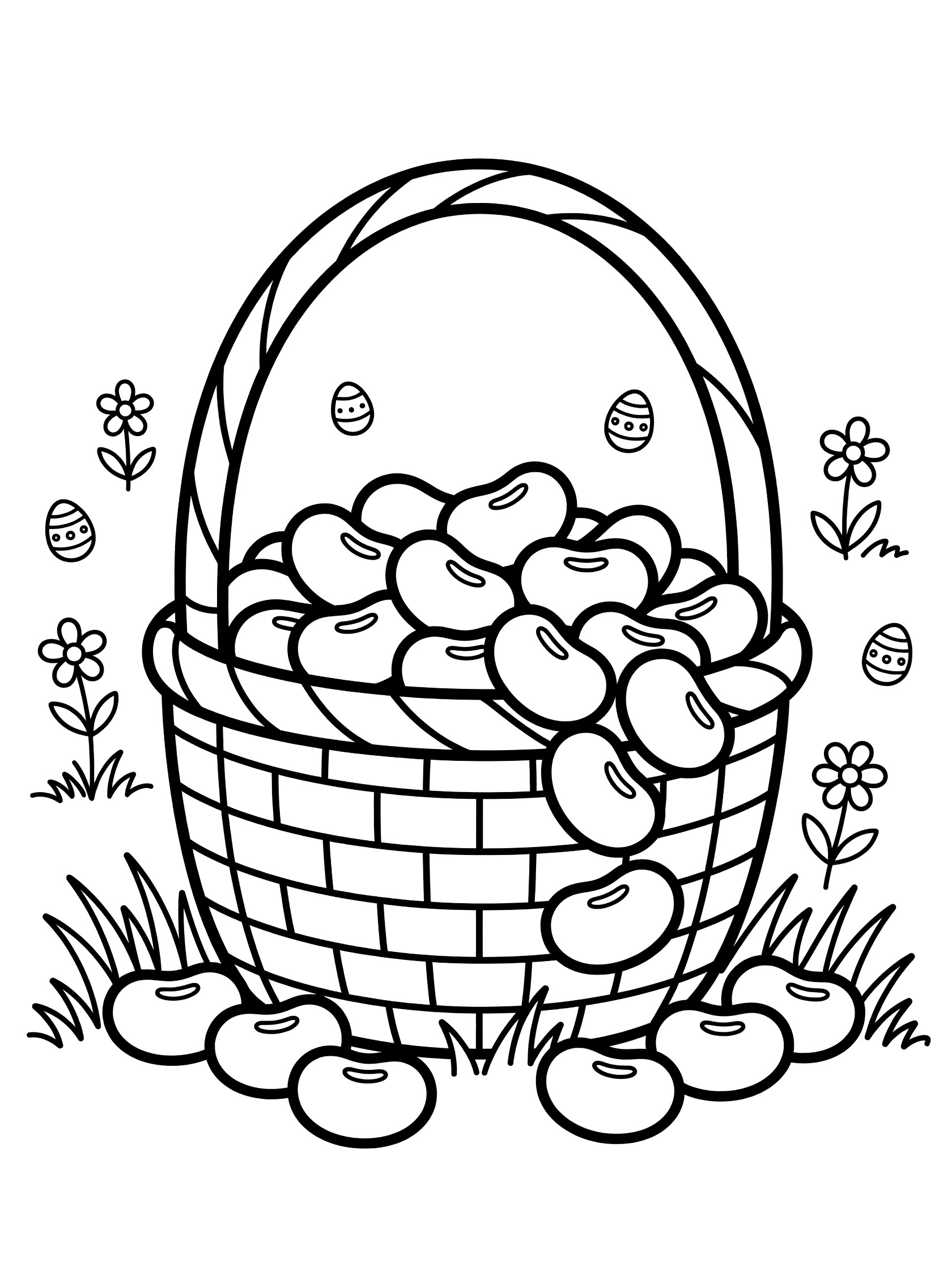 Black and white line art of a woven Easter basket full of oval jelly beans, decorated with eggs and surrounded by flowers and grass