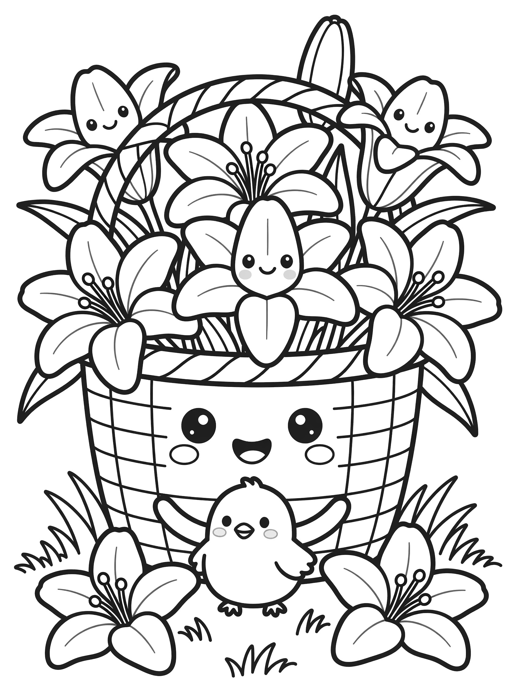 Black and white line art coloring page showing a woven Easter basket overflowing with Easter lilies, a cute baby chick waving, and grass at the base.
