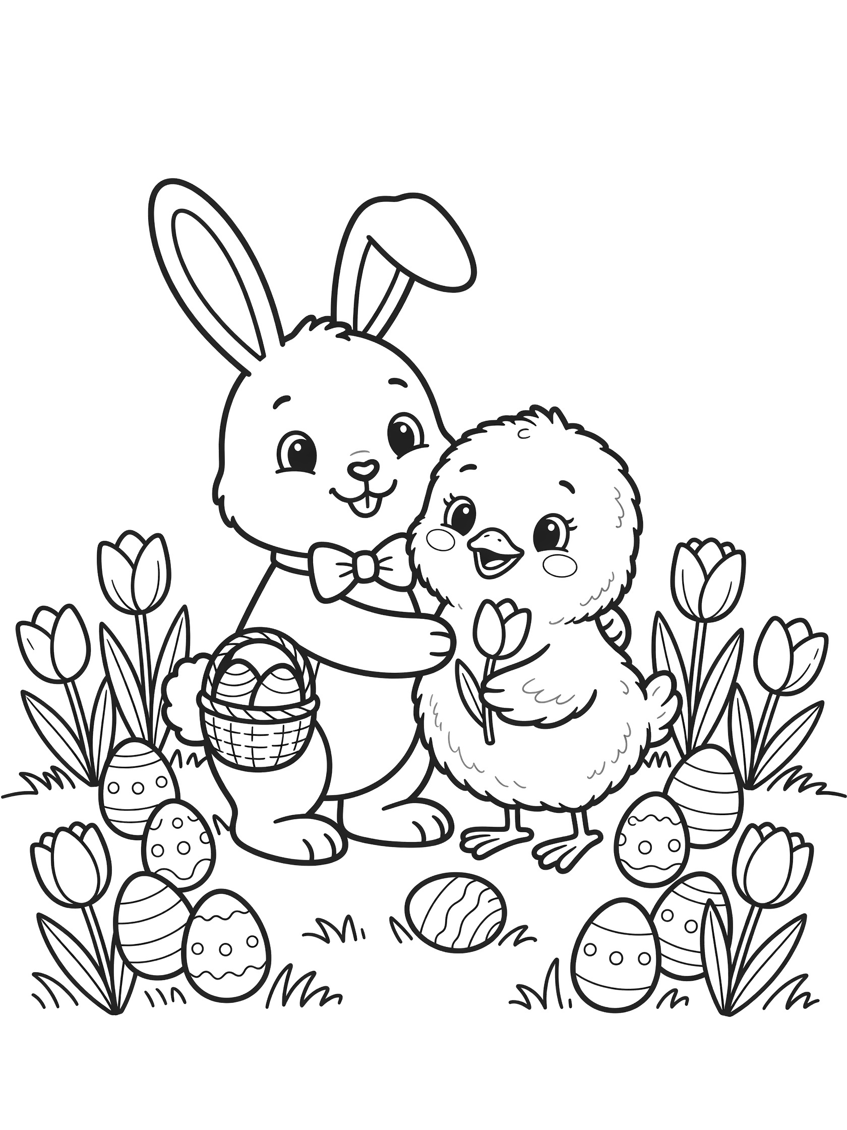 Black and white line art of smiling Easter bunny in bow tie holding egg basket, hugging chick with flower, surrounded by Easter eggs and tulips.
