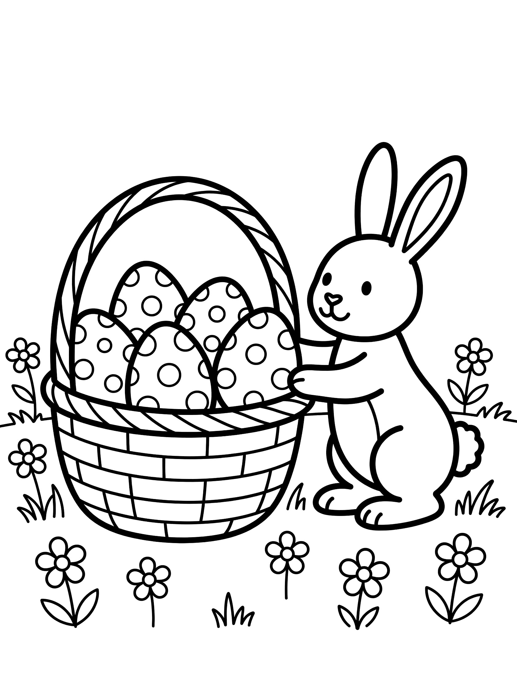 Black and white coloring page of decorative Easter eggs in a basket, bunny rabbit placing a polka dot egg, surrounded by daisies and grass.