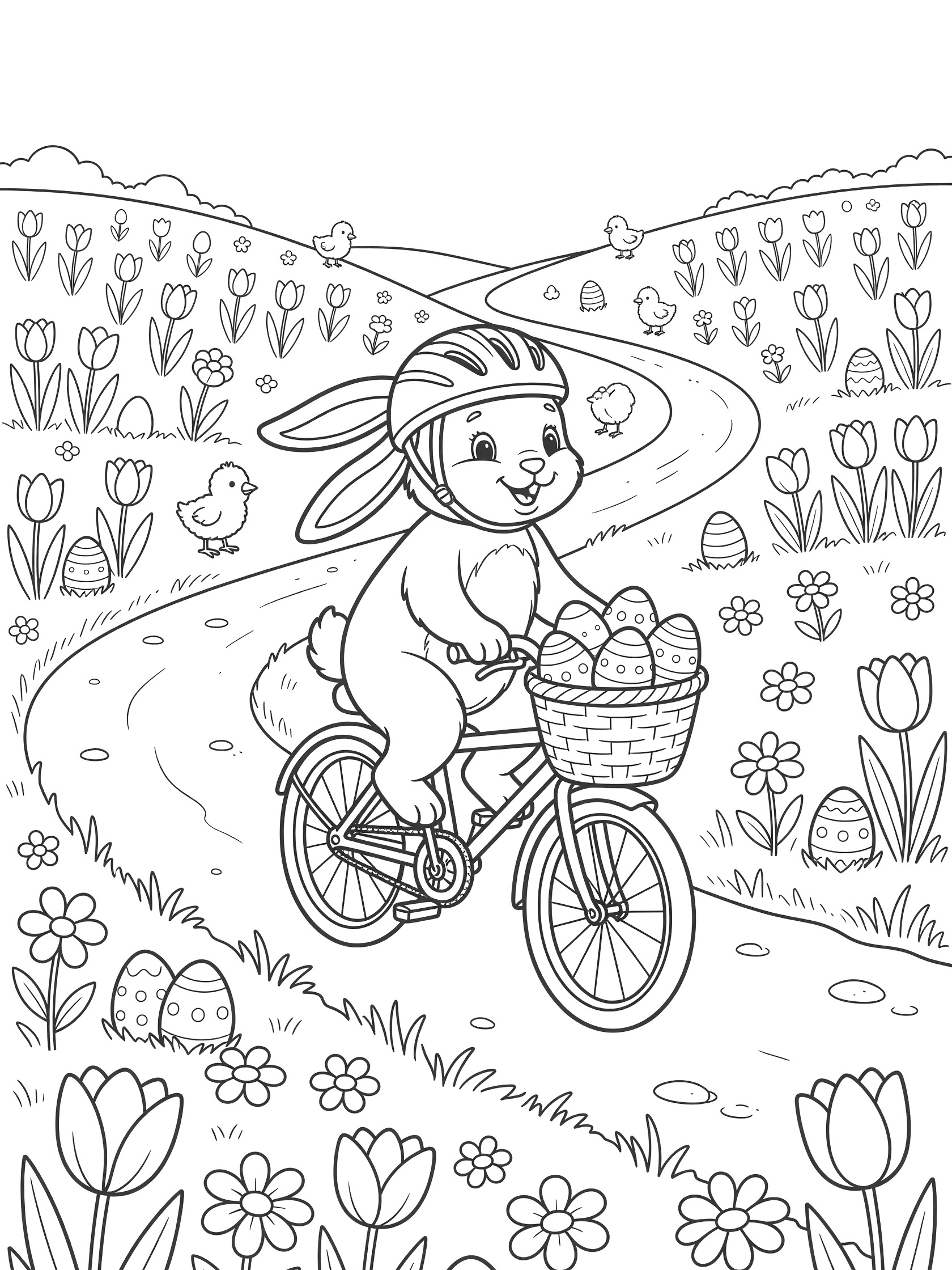 Cartoon Easter Bunny wearing a helmet rides a bicycle with a basket of eggs on a winding path through a meadow of flowers and eggs with hills and chicks in the background