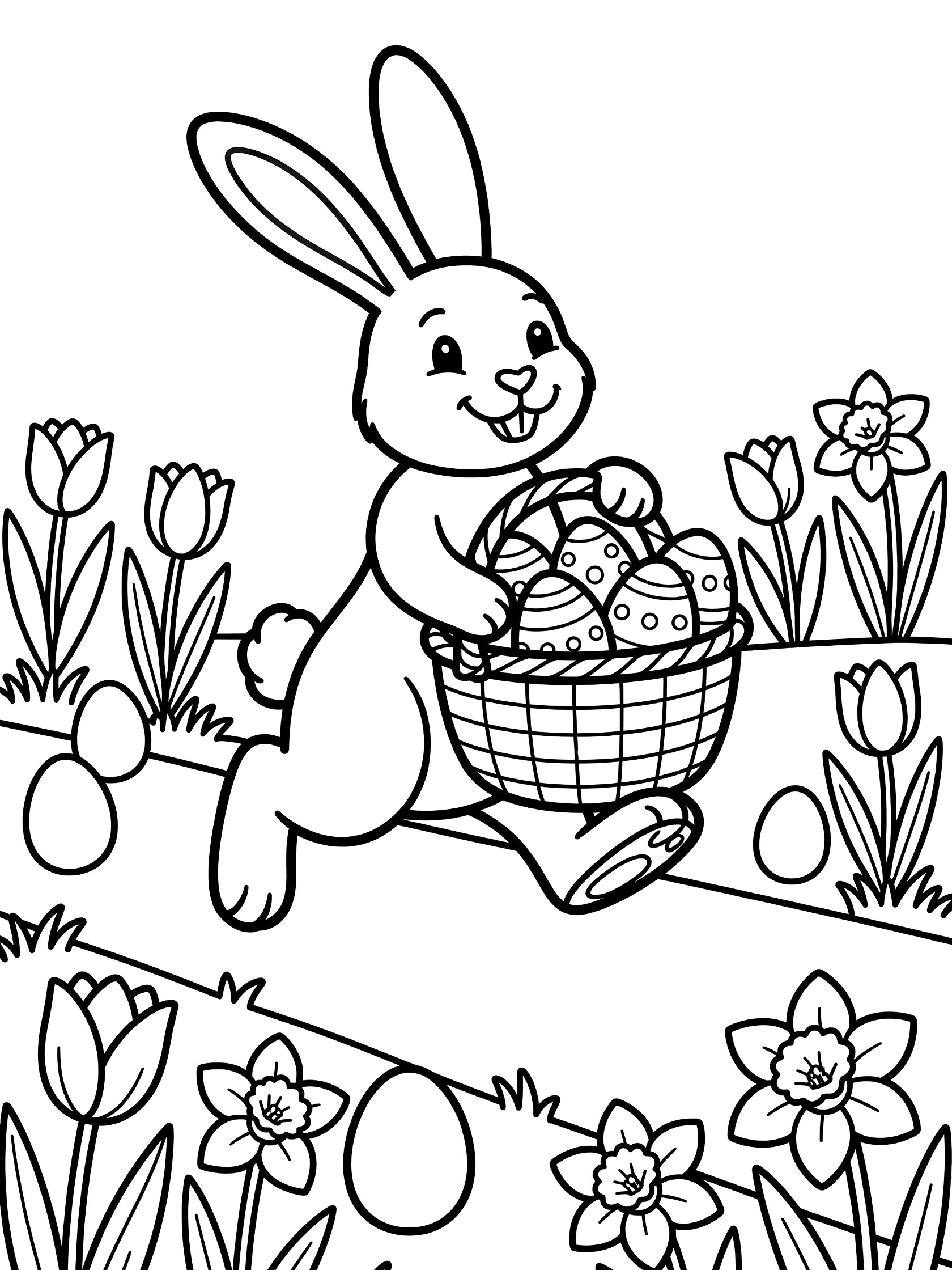 Black and white line art of cheerful Easter Bunny with floppy ears and fluffy tail, carrying overflowing woven basket of Easter eggs, surrounded by spring flowers and scattered eggs.