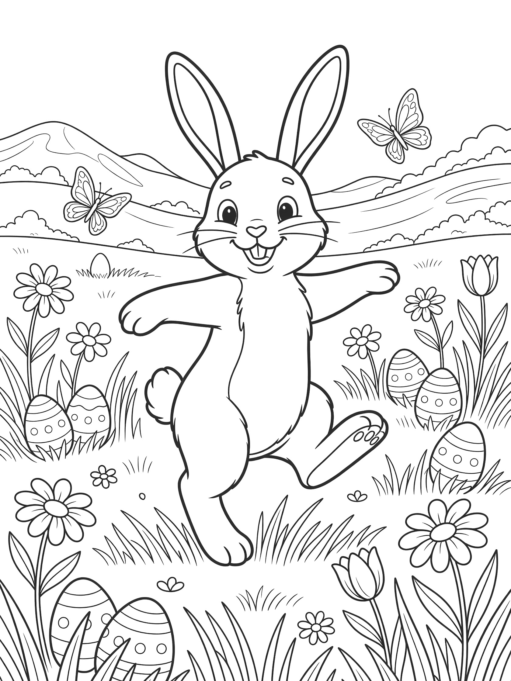 Line art coloring page showing a happy Easter bunny twirling with paws out in a meadow full of Easter eggs, daisies, tulips, butterflies and distant hills.