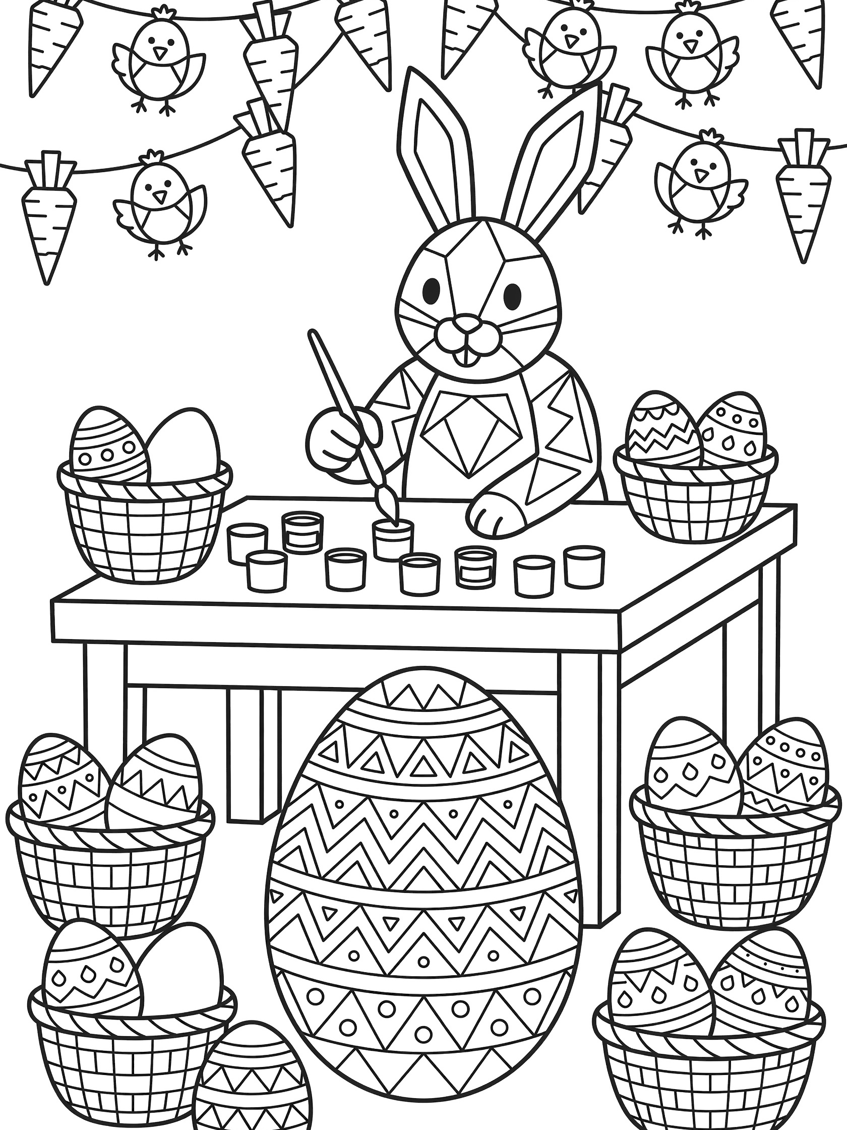Line art coloring page showing Easter Bunny sitting at table painting zigzag patterns on large Easter egg, surrounded by egg baskets, paint pots, geometric carrots and chicks garlands.