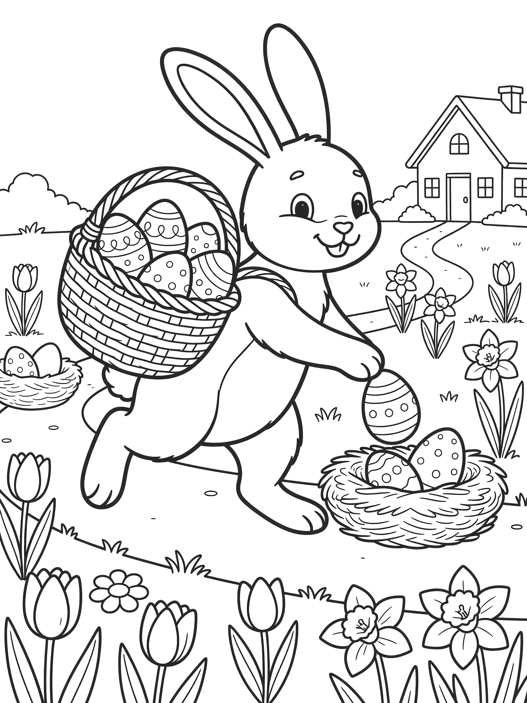 Black and white line art of an Easter Bunny delivering patterned eggs from a woven basket along a flower path with nests, tulips, daffodils, and a cottage in the background.