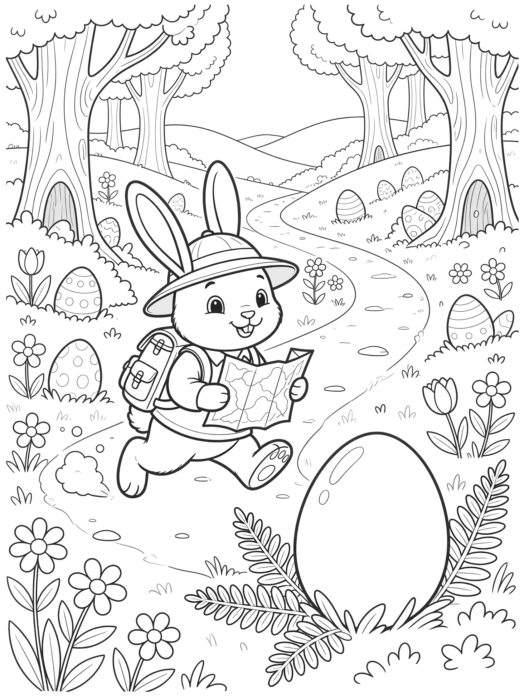 Black and white line art of Easter Bunny Puns with explorer bunny in hat and backpack discovering giant shiny egg in spring forest with flowers, path, and hidden eggs.