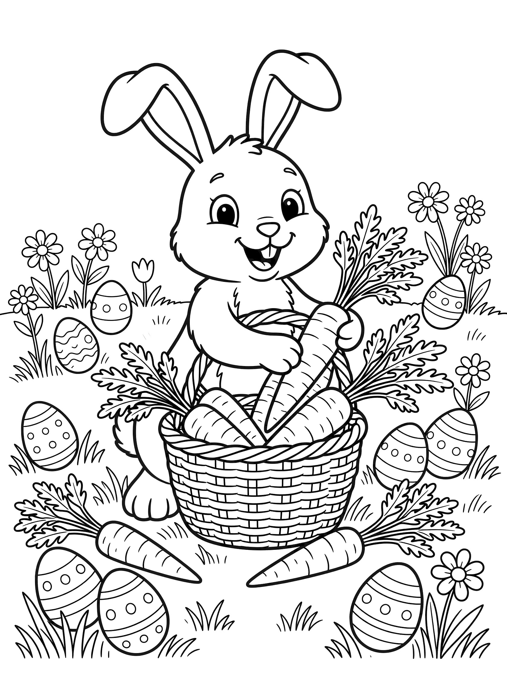 Cute cartoon Easter bunny holding carrots into an overflowing Easter basket with eggs, wildflowers, and grass in a farm scene coloring page