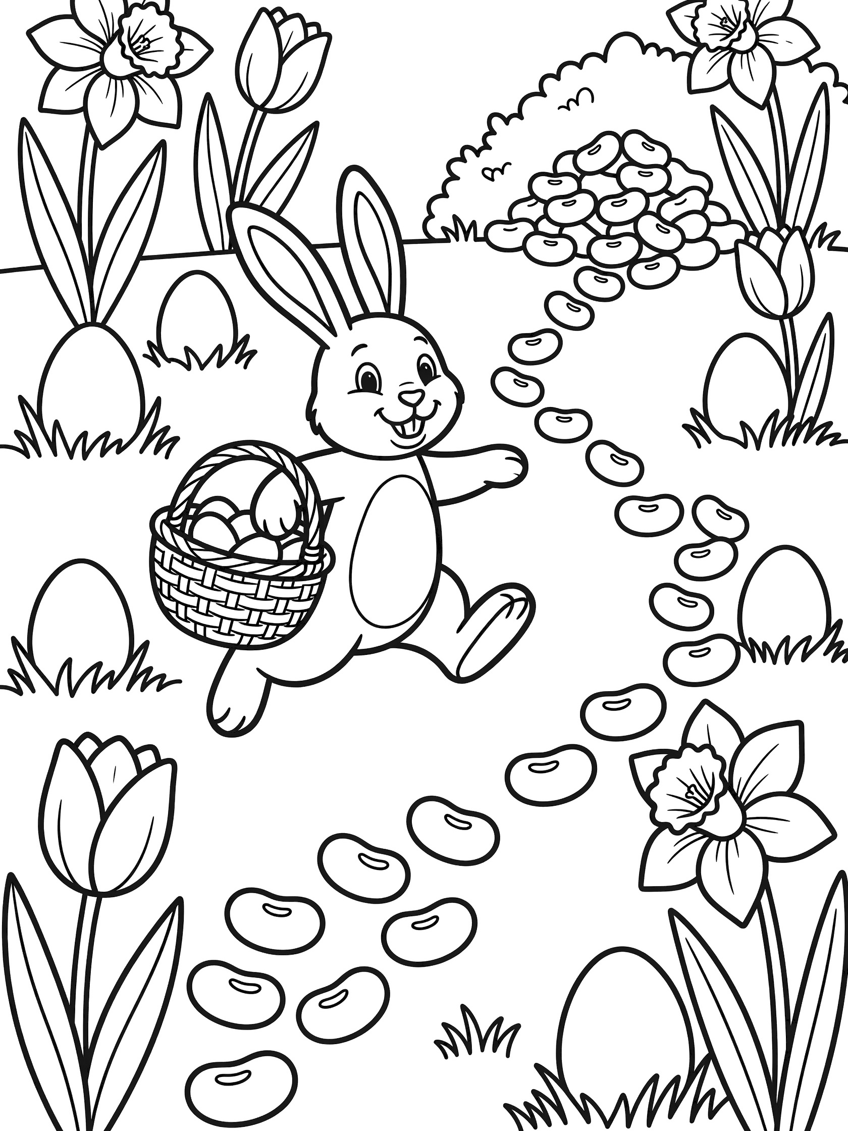 Line art coloring page showing Easter bunny carrying basket and following scattered jelly beans trail with tulips, daffodils, hidden eggs, and garden bushes.
