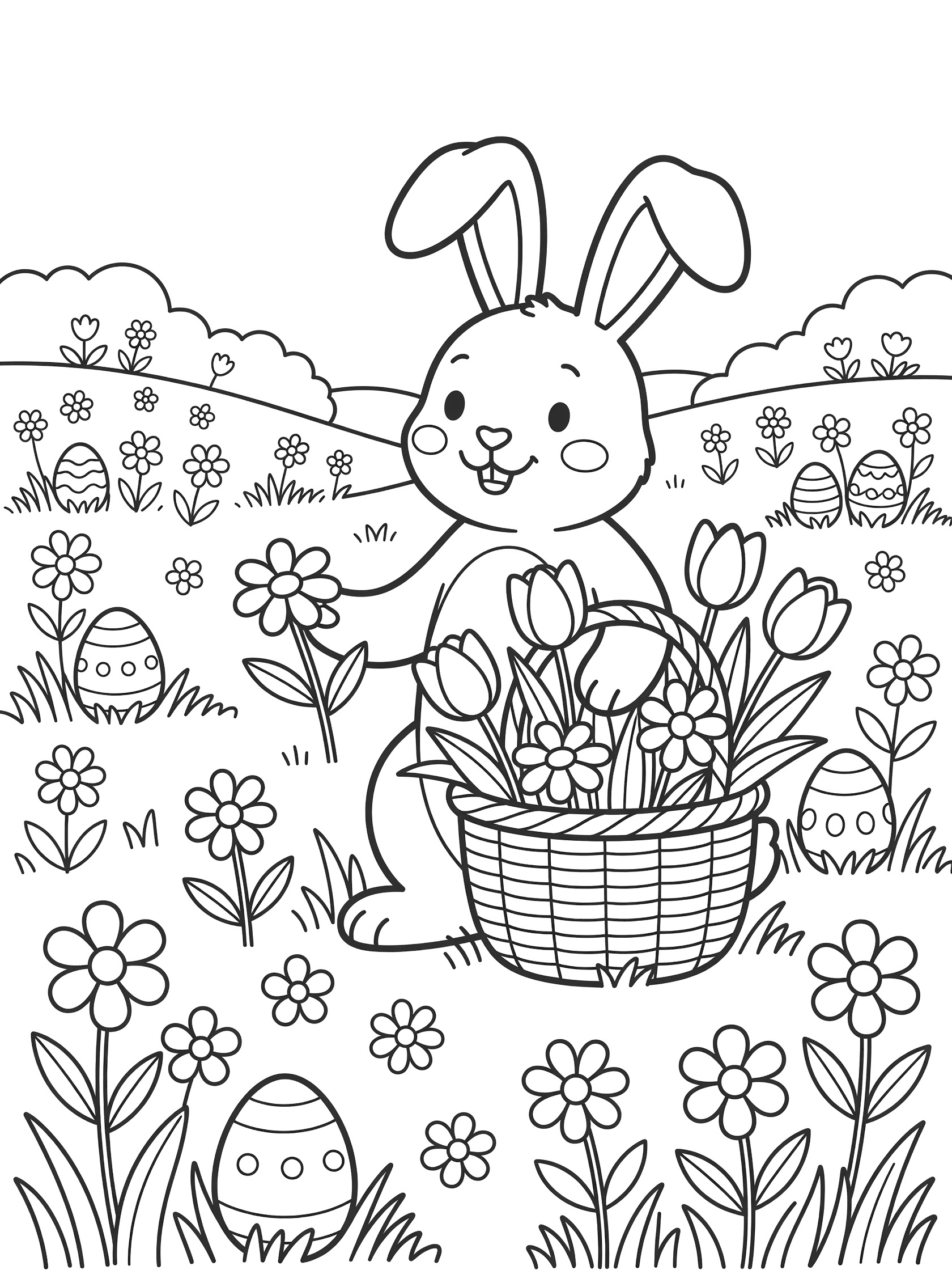 Black-and-white coloring page of an Easter Bunny holding a basket of flowers and picking daisies in a spring meadow with hills and Easter eggs.