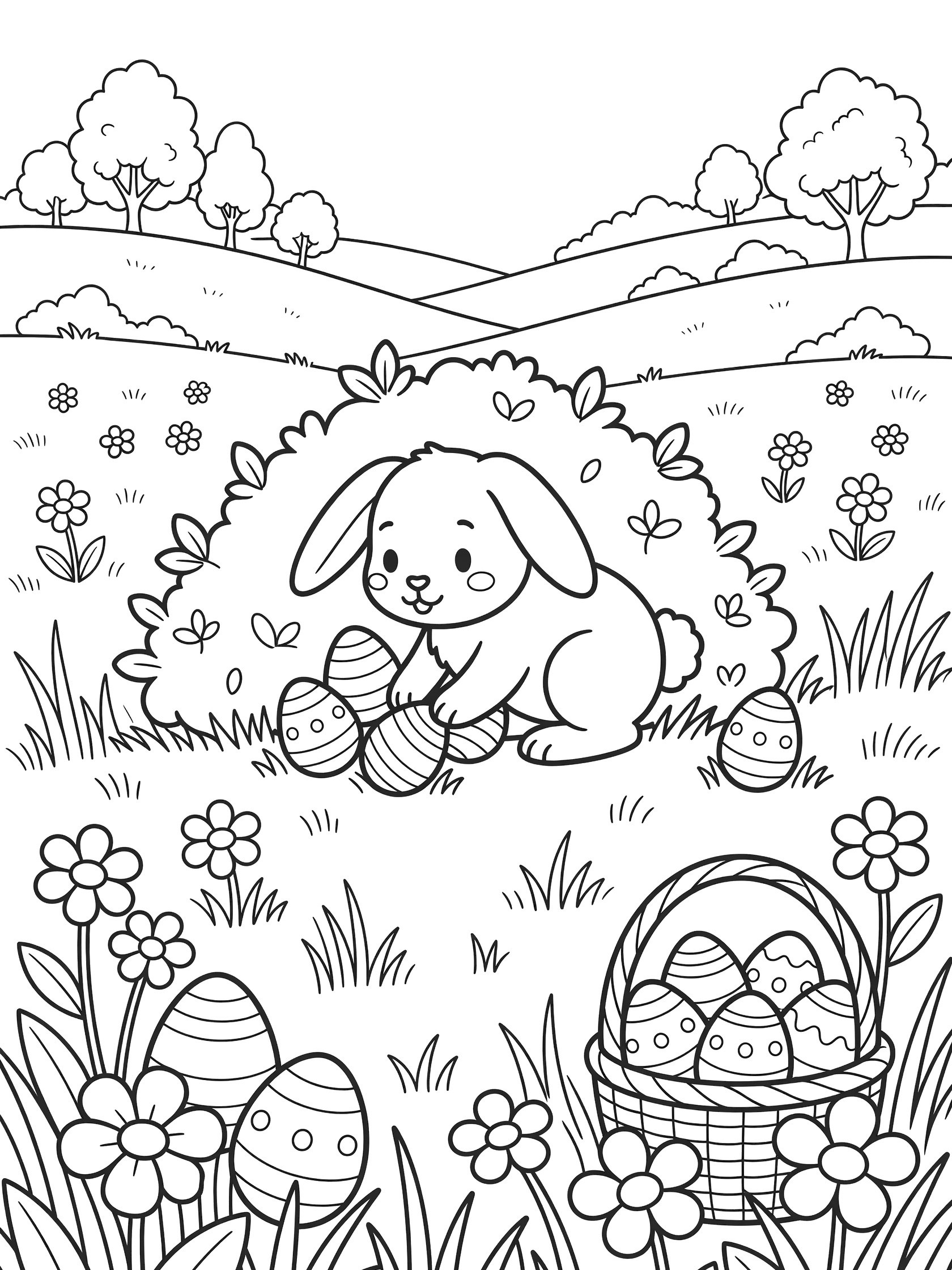 Black and white line art of an Easter Bunny hiding eggs in a sunny meadow with bush, grass, flowers, basket, and distant hills.