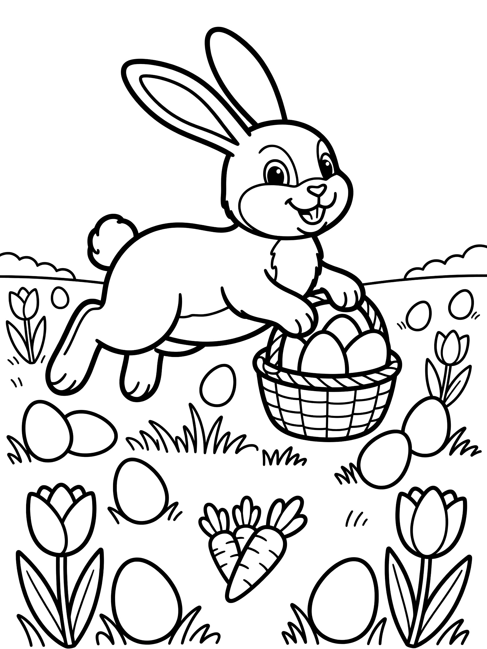 Black and white coloring page of a cheerful Easter bunny hopping high with floppy ears, clutching a basket full of eggs, surrounded by tulips, carrots, and eggs in a grassy meadow.