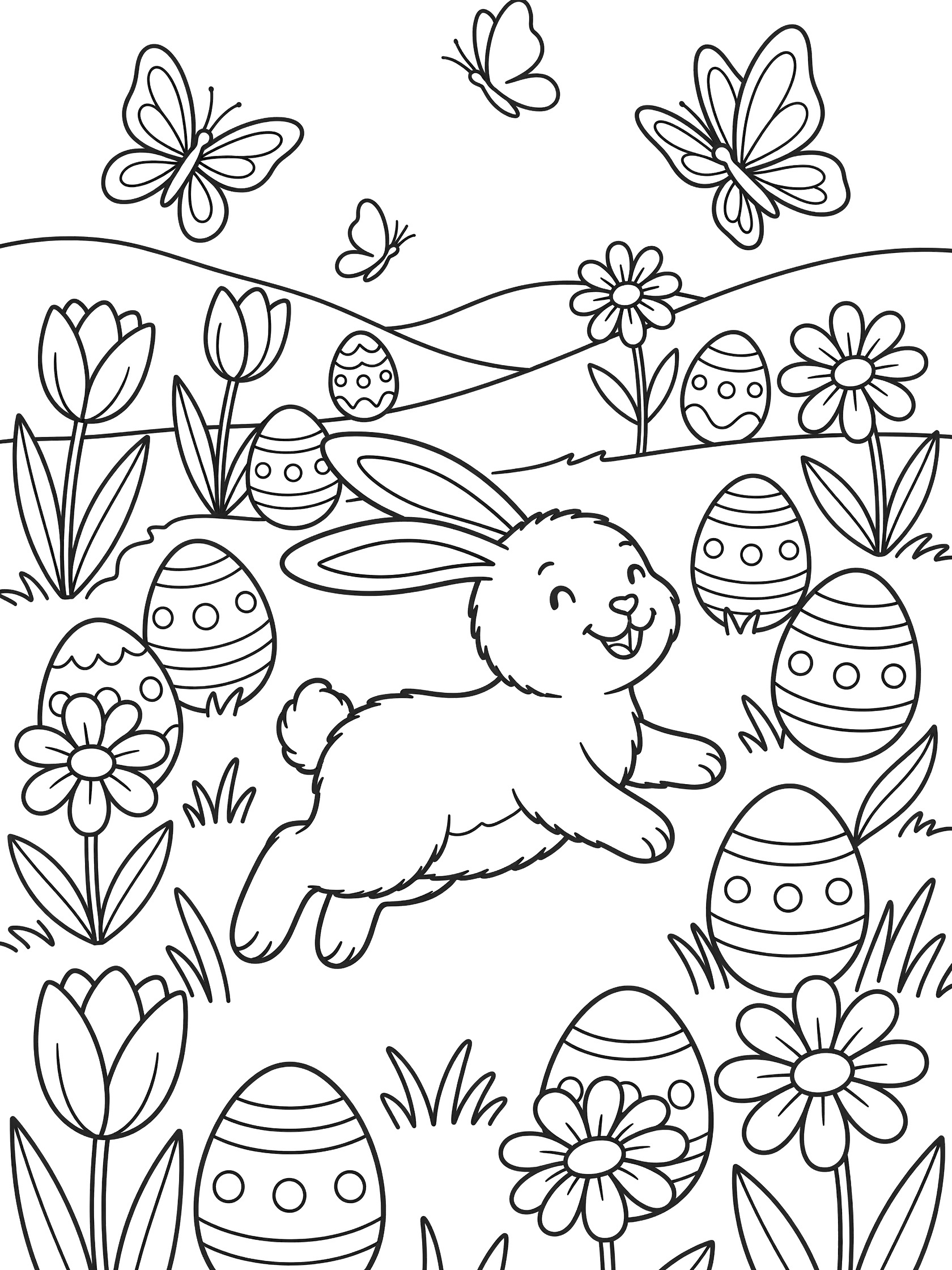 Black and white line art of Easter Bunny mid-hop with floppy ears, surrounded by Easter eggs, tulips, daisies, butterflies, and meadow hills