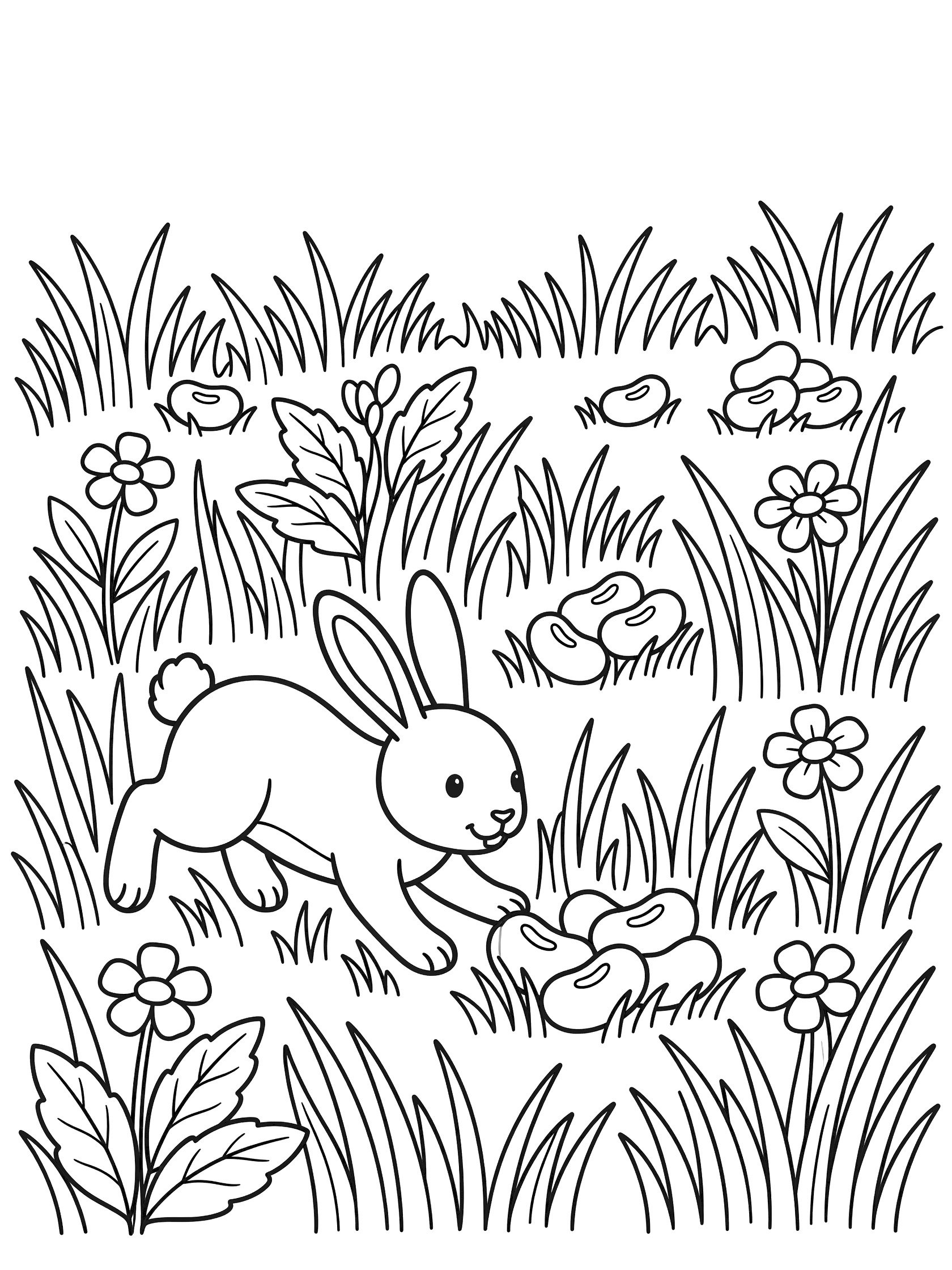 Printable coloring page showing a playful bunny rabbit discovering jelly beans peeking out from grass, leaves, and flowers in a meadow scene.
