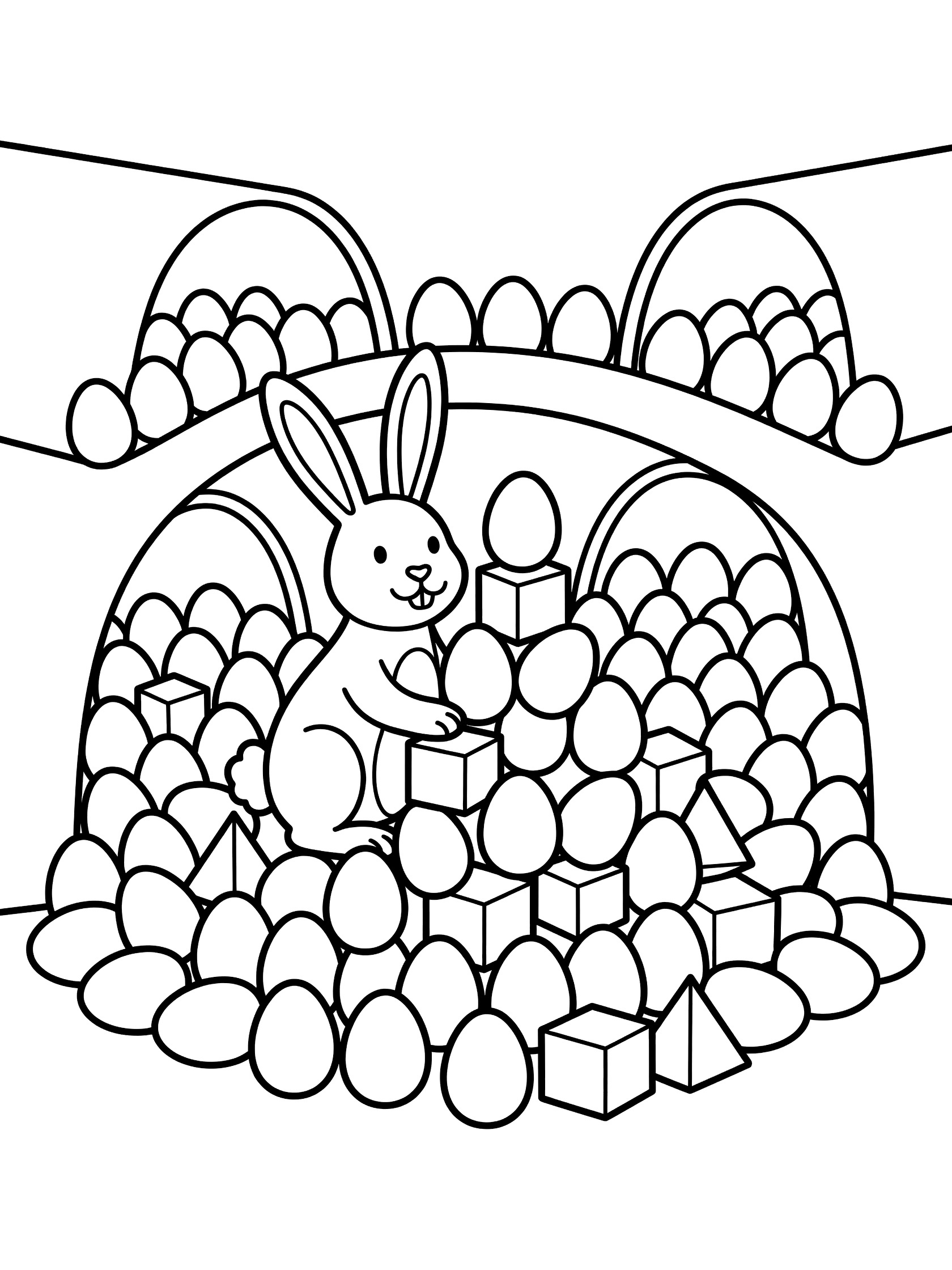 Black and white line art of Easter bunny playfully stacking eggs in an underground burrow full of colorful Easter eggs, Easter Bunny Puns theme.