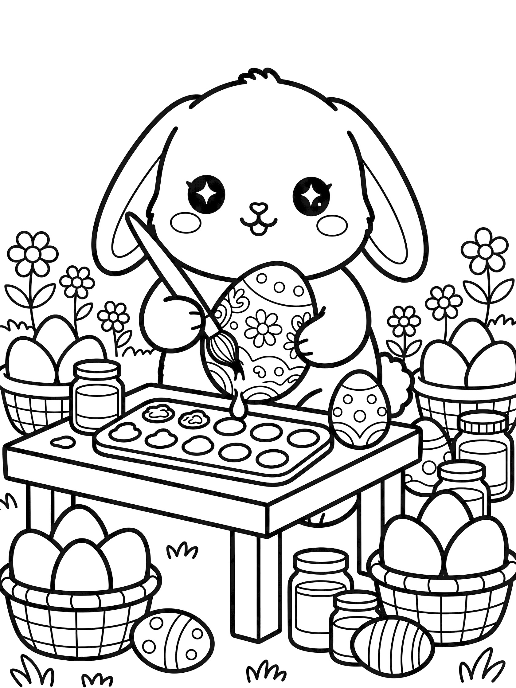 Kawaii Easter bunny with big sparkling eyes painting intricate floral designs on a large Easter egg using a dripping paintbrush, surrounded by egg baskets and paint jars in a meadow setting.