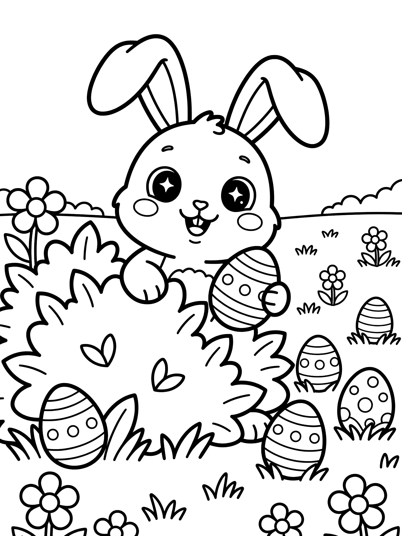 Kawaii Easter Bunny with big eyes and floppy ears peeking playfully from a bush, clutching a colorful Easter egg, surrounded by scattered eggs and flowers in a meadow.