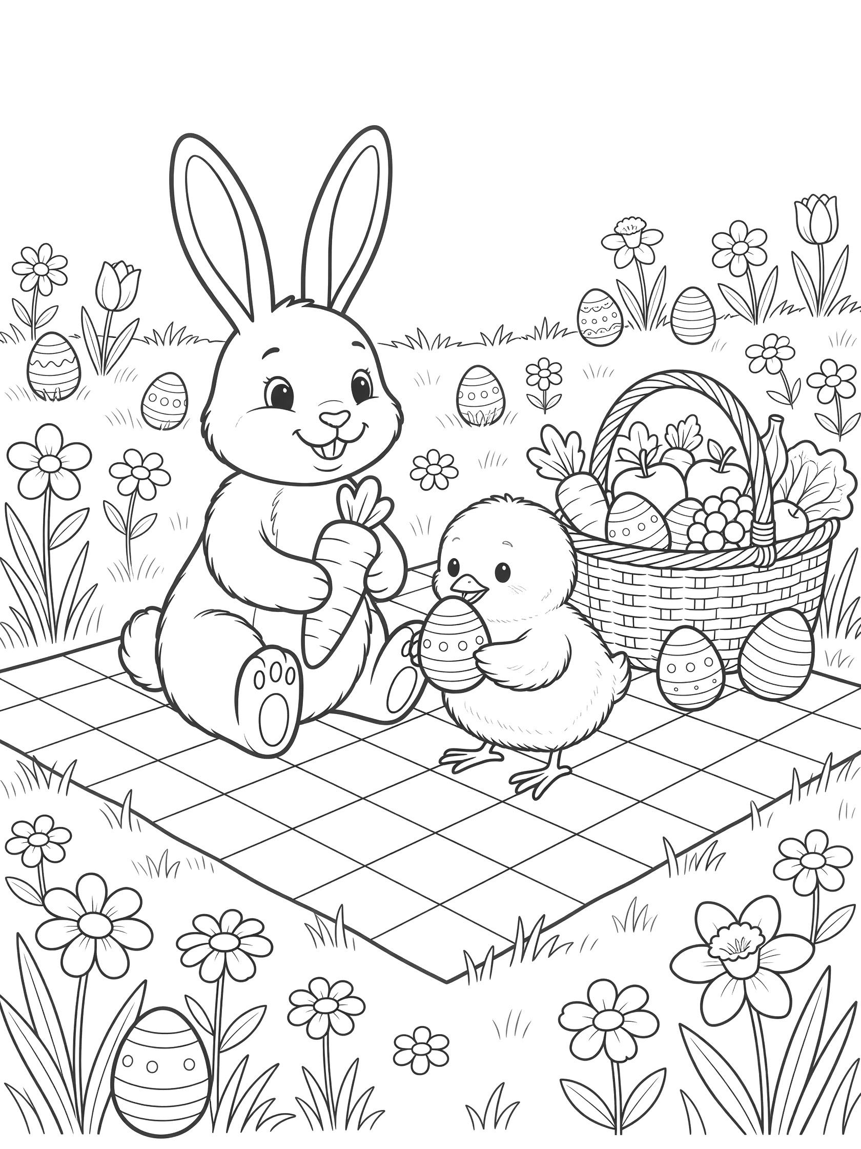 Black and white line art of Easter Bunny holding carrot sandwich next to fluffy baby chick eating Easter egg on picnic blanket with basket and spring meadow.
