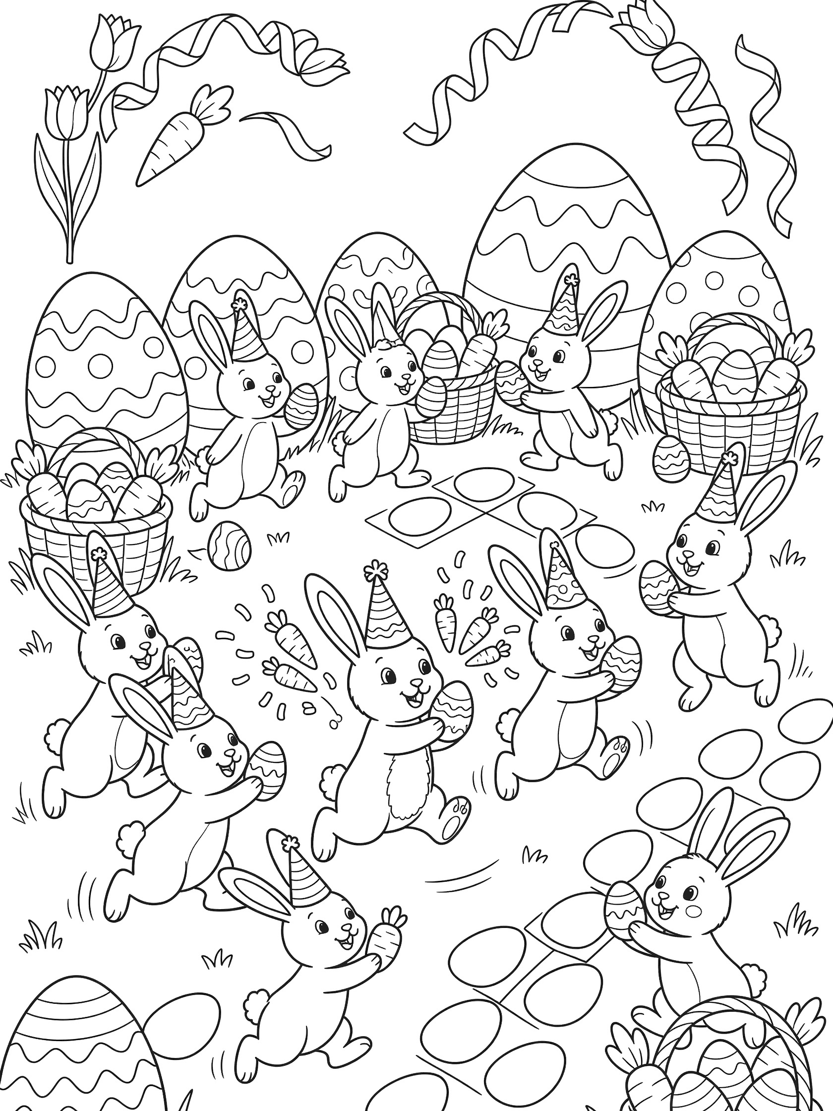 Black and white line art of Easter Bunny Puns scene with bunnies hopping, playing hopscotch, tossing carrots, and holding eggs and baskets.