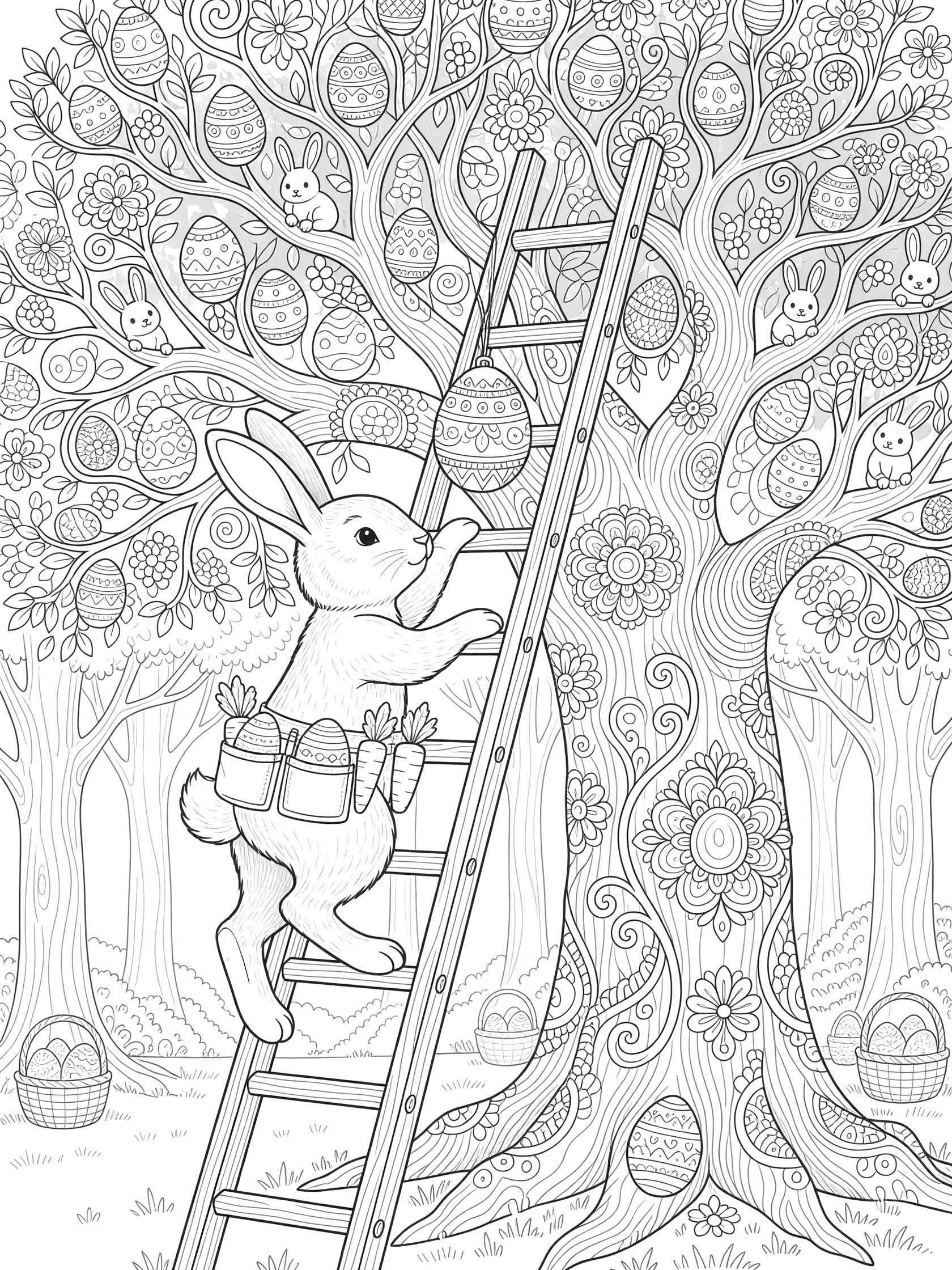 Black and white coloring page of an Easter Bunny dressed as a tree trimmer climbing a tall ladder to decorate a grand tree with eggs and carrots in a forest.