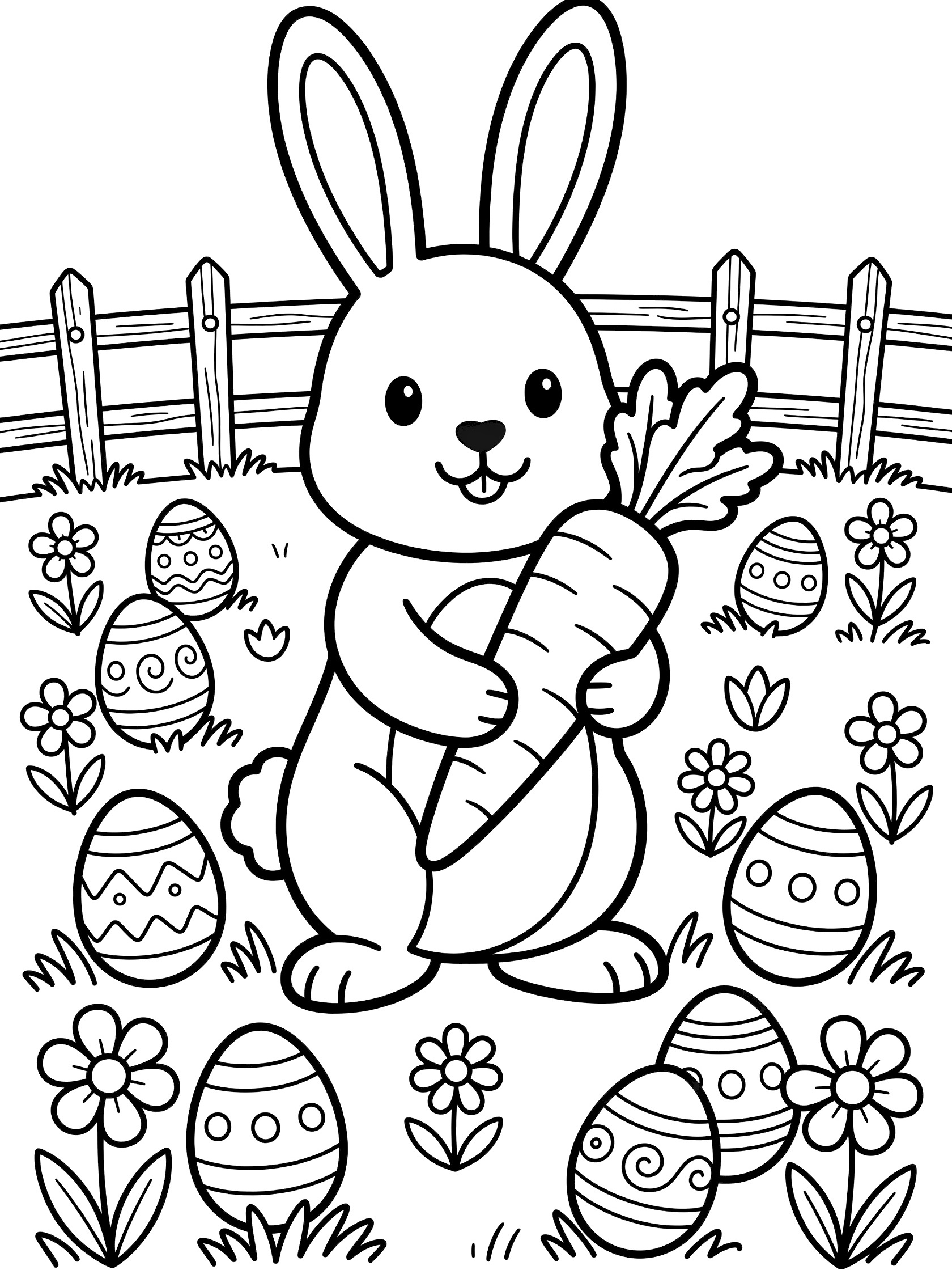 Black-and-white line art of a cute cartoon Easter chocolate bunny standing on hind legs, holding a large carrot, surrounded by Easter eggs, wildflowers, and a wooden fence in a meadow.