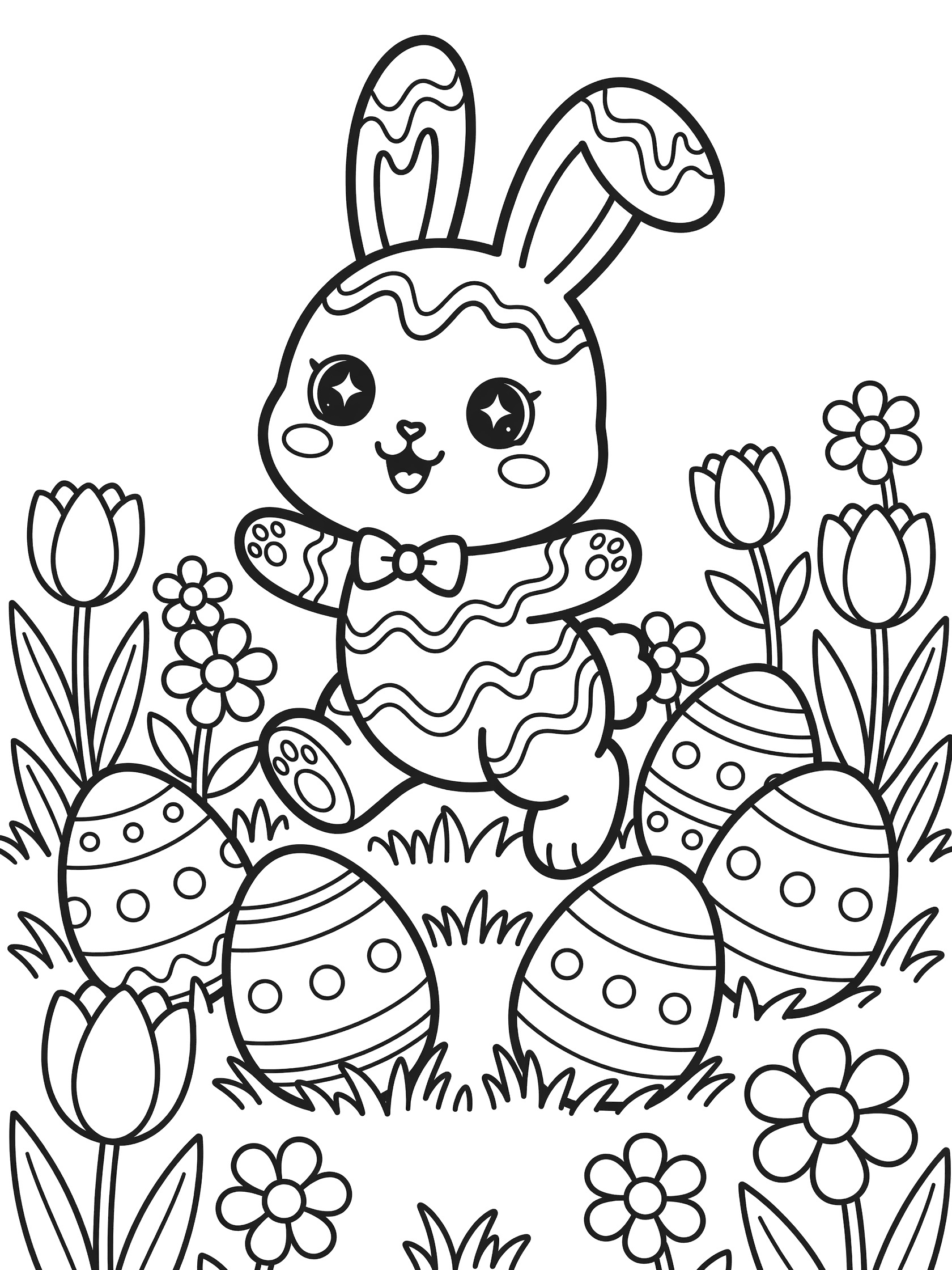 Kawaii Easter chocolate bunny with big eyes and bow tie hopping mid-air over patterned eggs on grass with tulips and daisies, line art coloring page