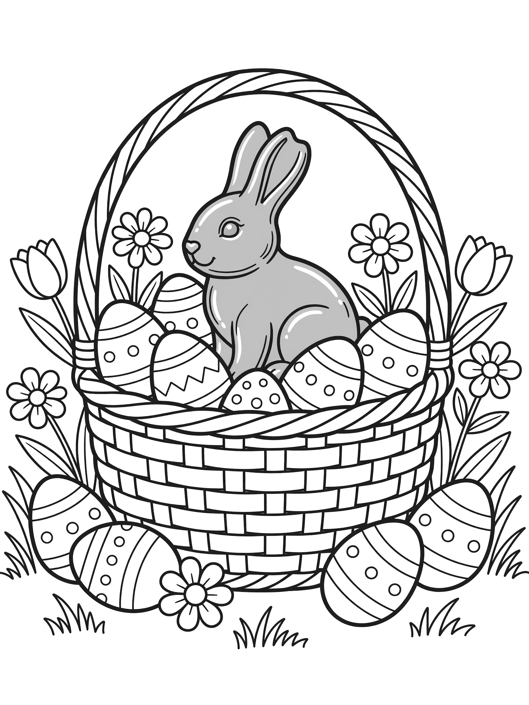 Black-and-white coloring page of a shiny Easter chocolate bunny in a basket overflowing with eggs and surrounded by daisies, tulips, and grass.