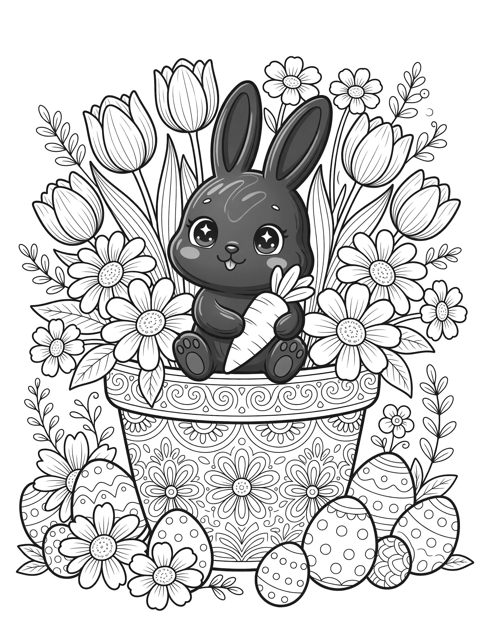 Black-and-white coloring page of a kawaii Easter chocolate bunny in a decorative flower pot overflowing with spring flowers and surrounded by Easter eggs.