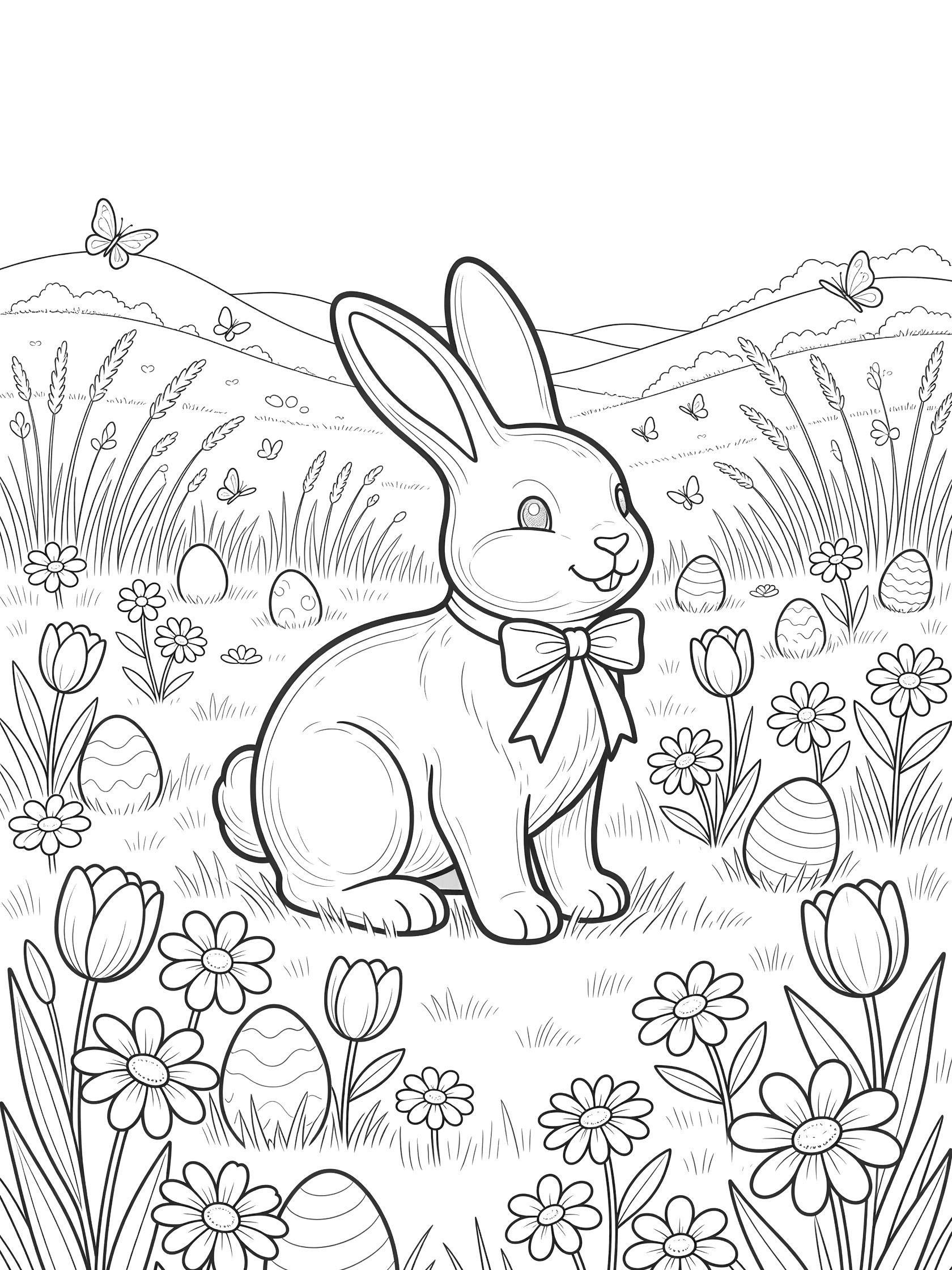 Line art coloring page showing a large Easter chocolate bunny with bow in a grassy meadow full of daisies, tulips, Easter eggs, butterflies, and distant hills.