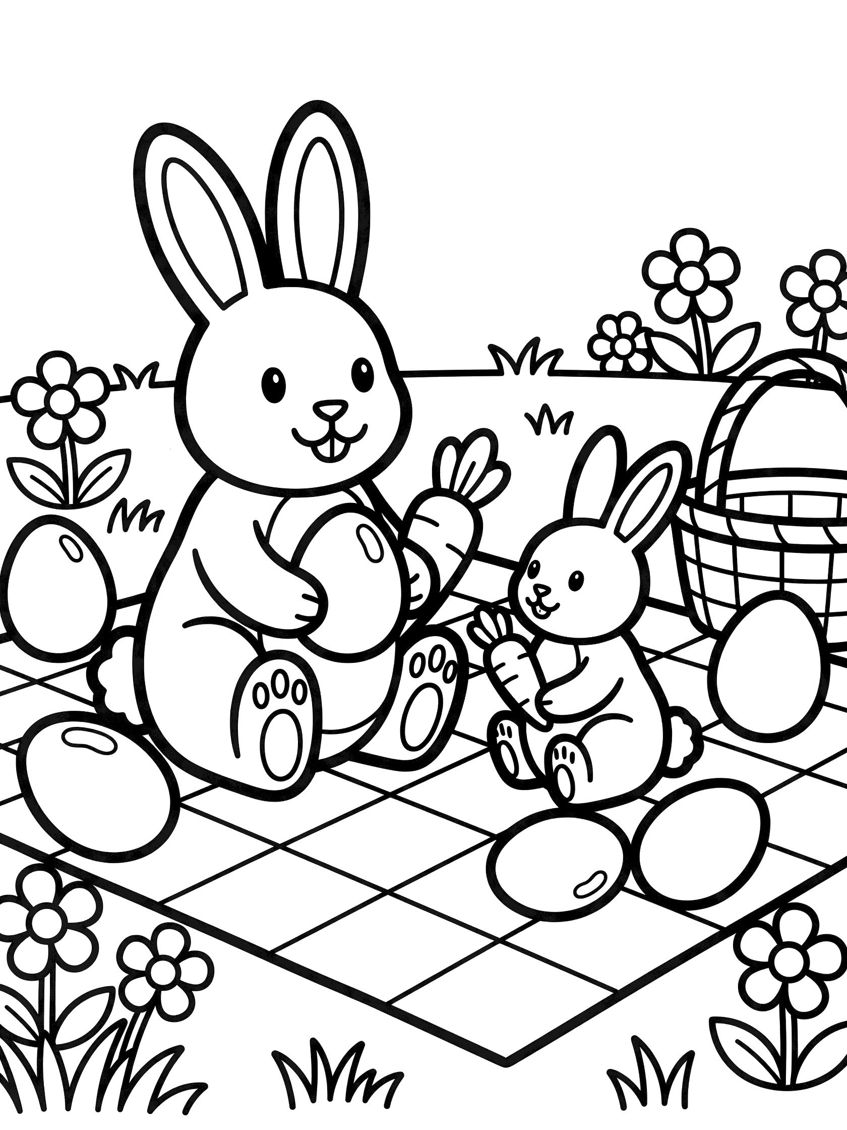 Printable coloring page featuring a cheerful Easter chocolate bunny sitting on a picnic blanket with a smaller bunny, holding an egg and carrot, surrounded by pastel eggs, picnic basket, and spring flowers.
