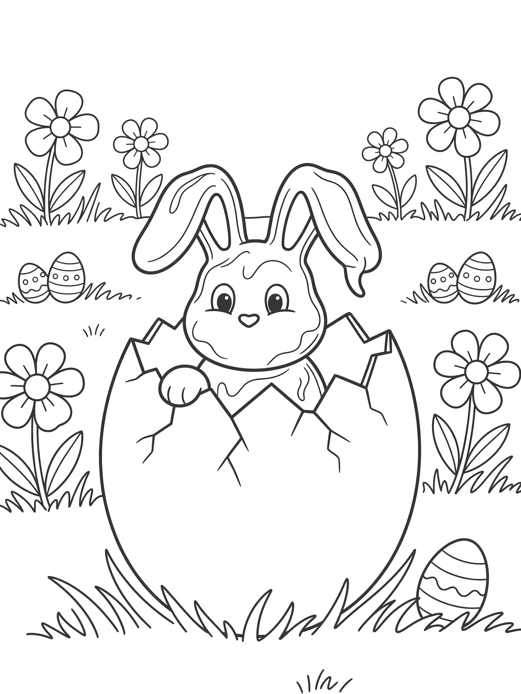 Black and white coloring page of an Easter chocolate bunny peeking curiously from a cracked egg, surrounded by grass, flowers, and small Easter eggs.