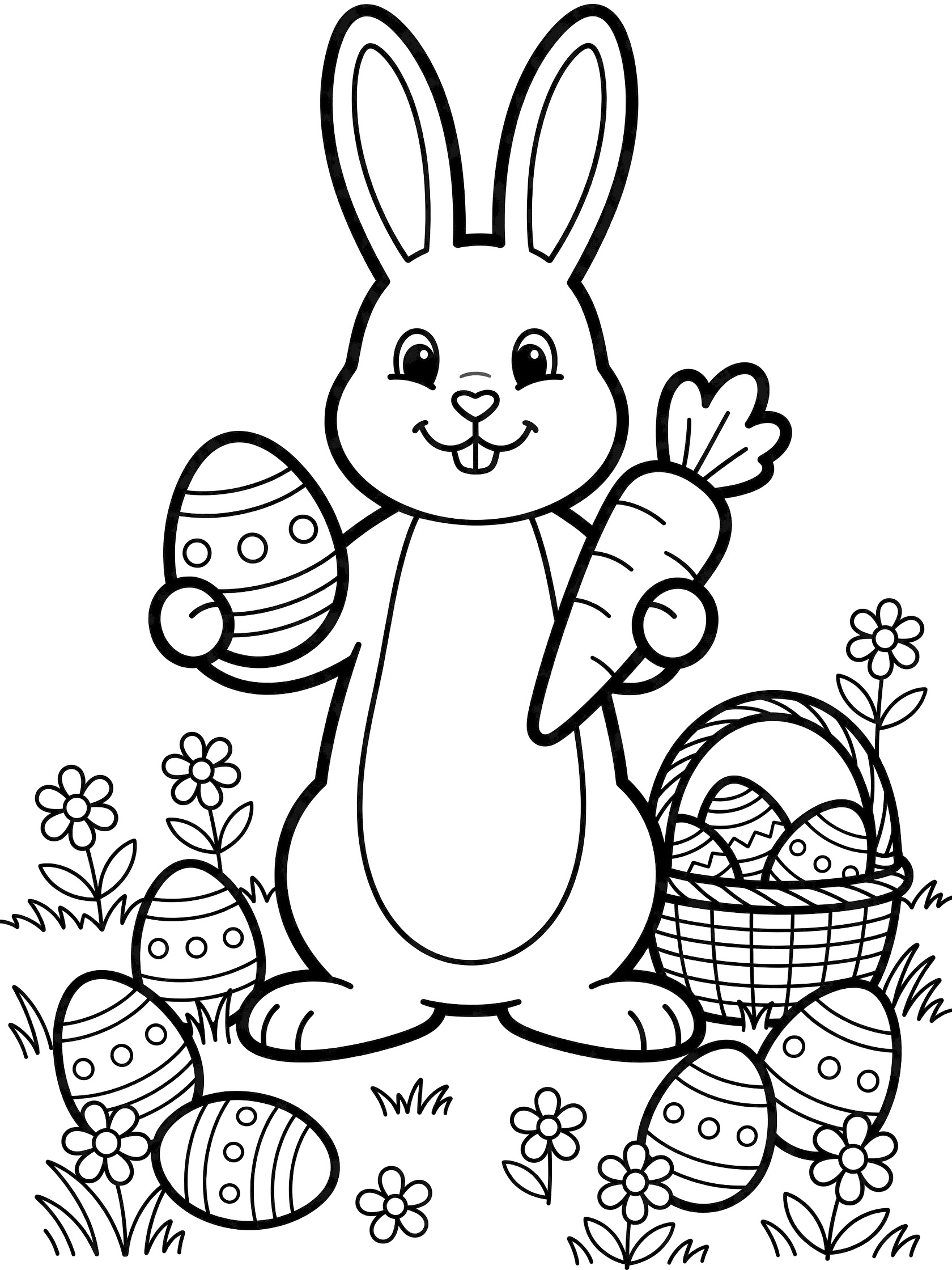 Printable Easter chocolate bunny coloring page featuring a bunny on hind legs holding a colorful egg and carrot amid scattered eggs, daisies, grass, and woven basket.