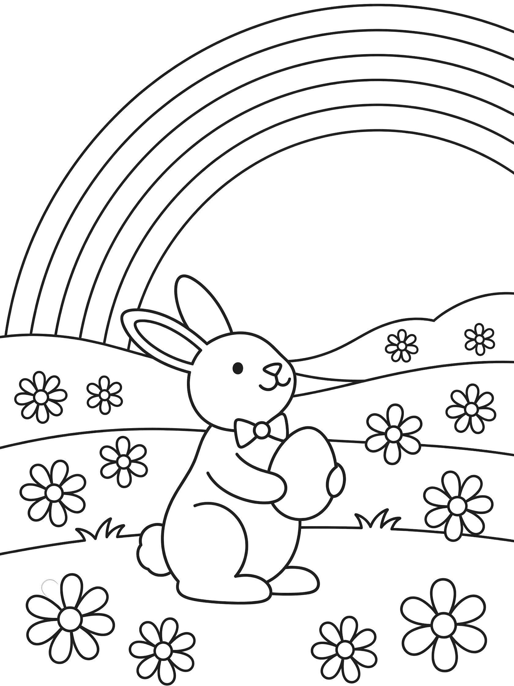Black and white coloring page of an Easter chocolate bunny with bowtie holding an Easter egg, looking up at a large rainbow over a meadow with flowers and hills.