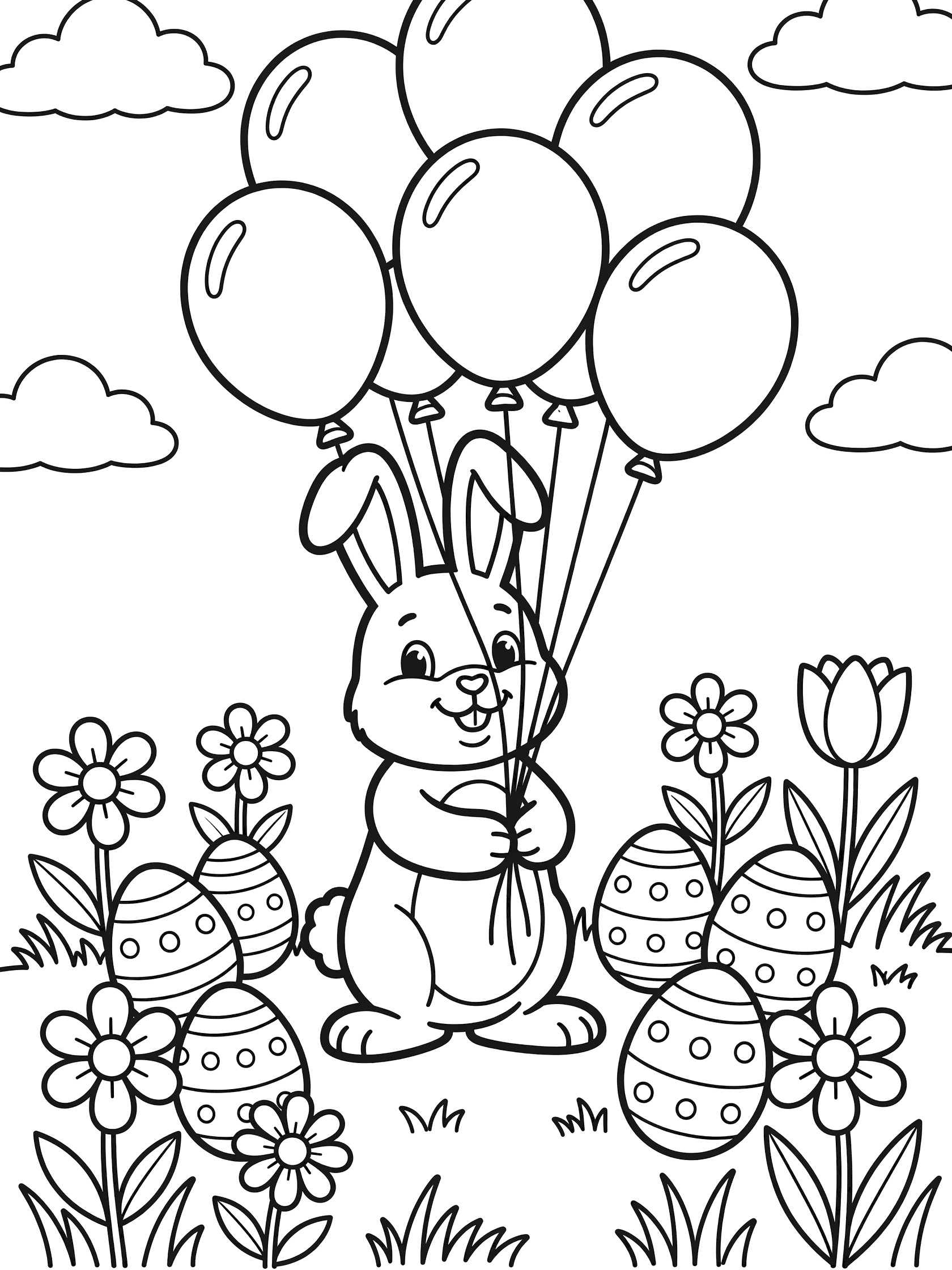 Black and white coloring page of an Easter chocolate bunny standing in grass holding strings to floating balloons, surrounded by Easter eggs and spring flowers with clouds above.