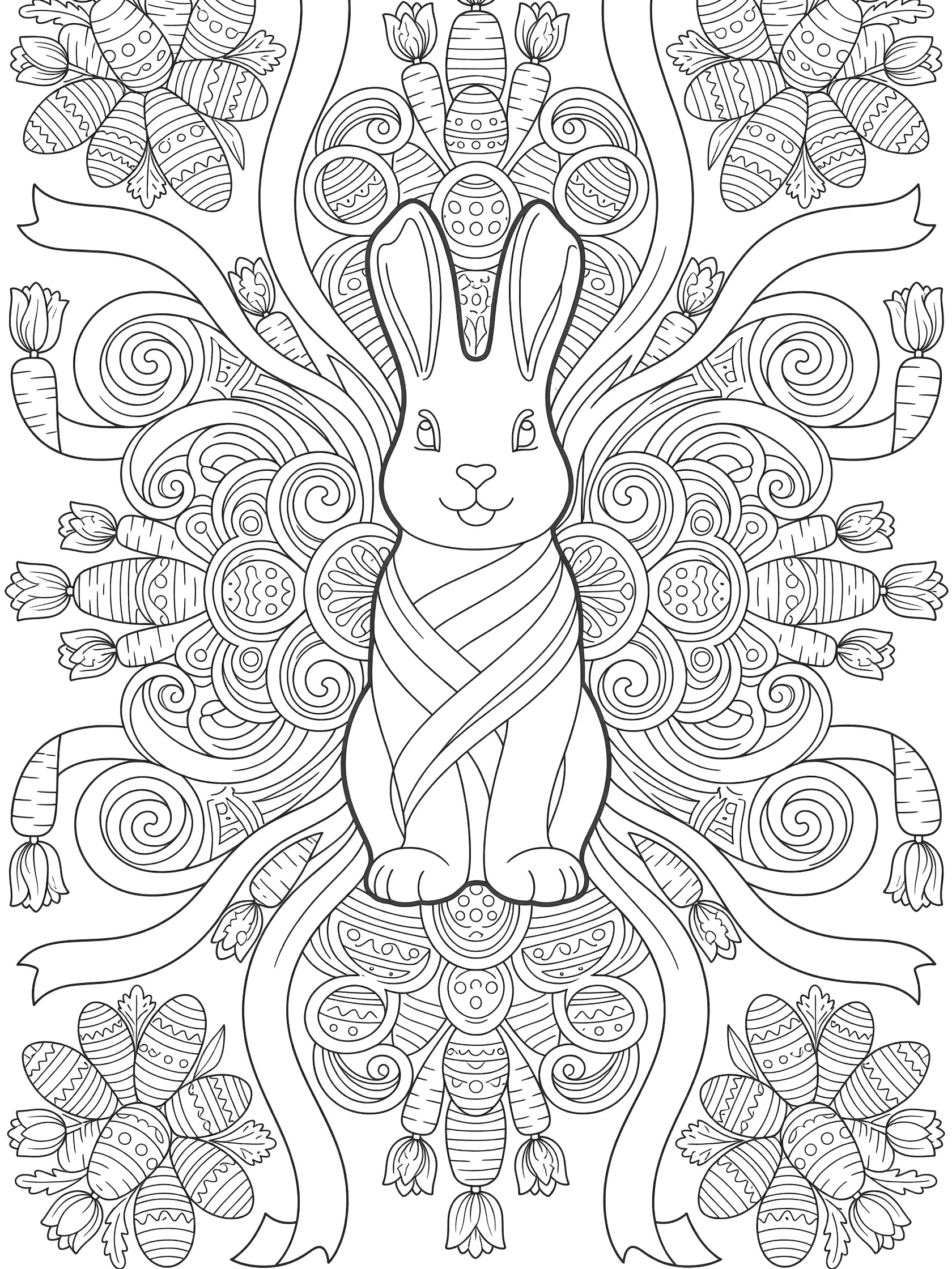 Black and white line art of an Easter chocolate bunny standing tall with ribbons, surrounded by eggs, tulips, and carrots in a mandala pattern.