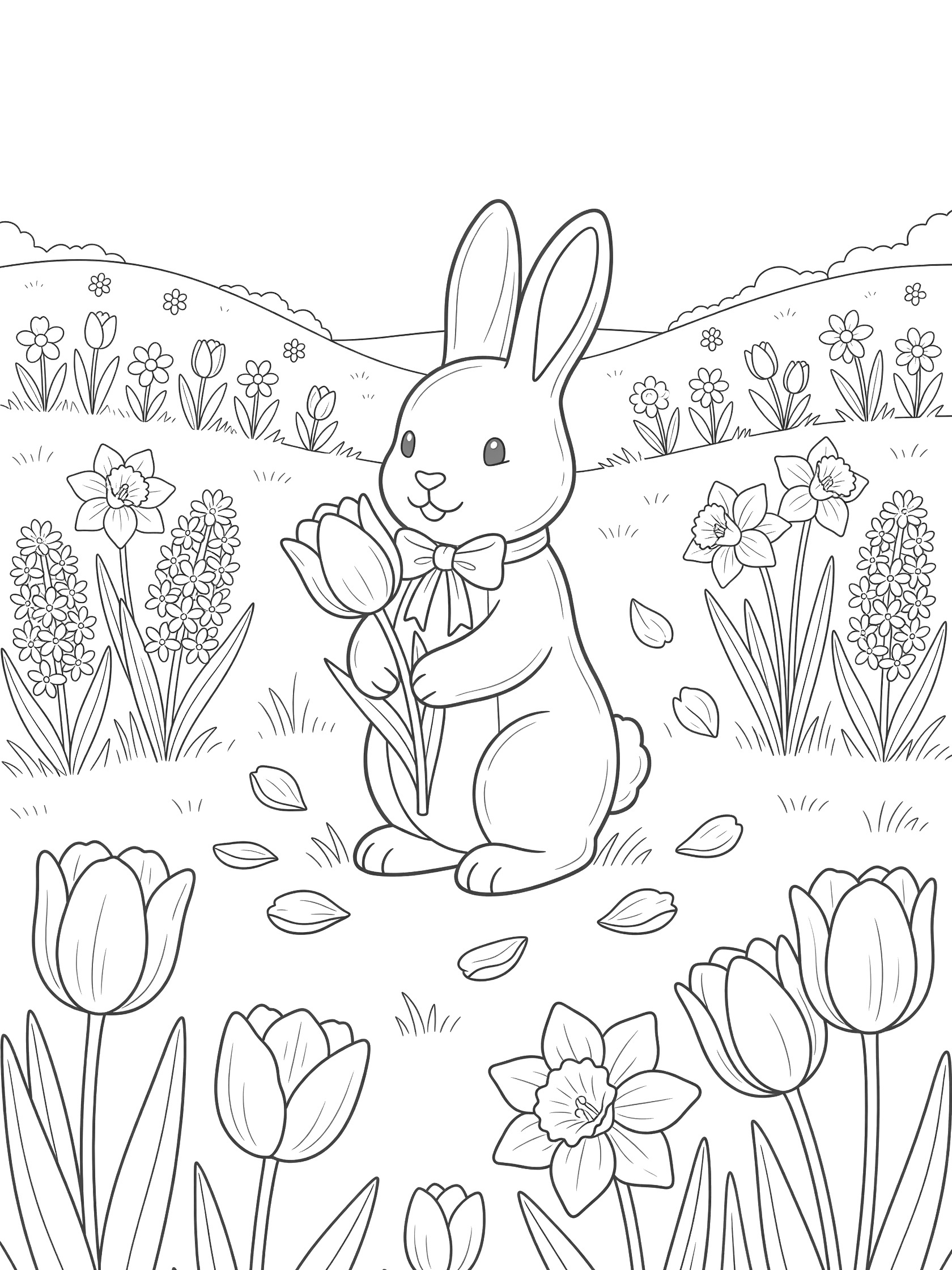 Cute Easter chocolate bunny standing in a sunny spring meadow surrounded by tulips, daffodils, hyacinths, and scattered petals, holding a large tulip with a bow tie.