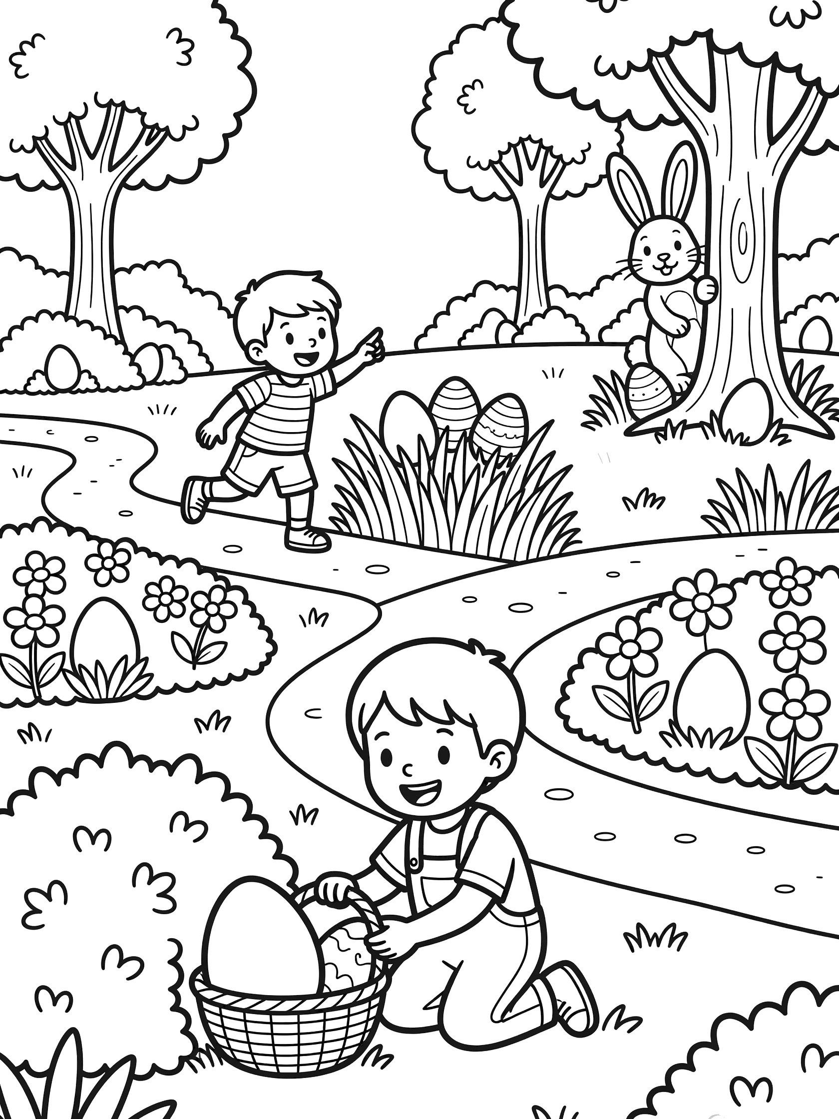 Black and white line art of Easter egg hunt in park: boy with basket finds big egg under bush, another boy points to eggs on hill, bunny hides by tree.
